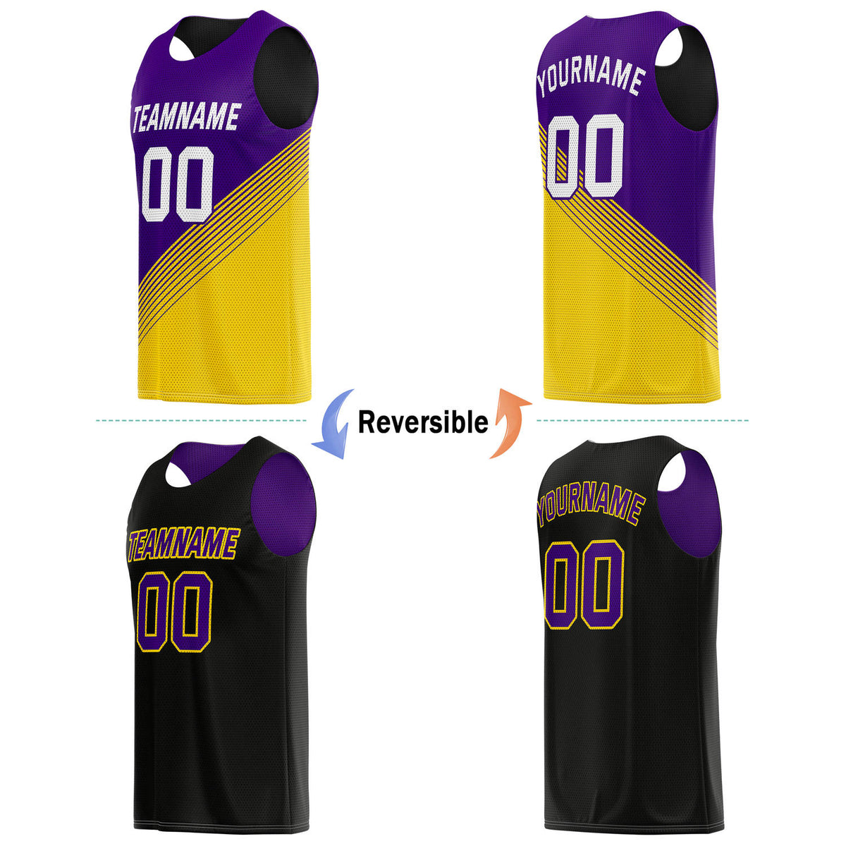 Custom Reversible Basketball Jersey & Shorts Set for Individuals & Teams – Purple Gold Black Diagonal Stripe | Vosoli