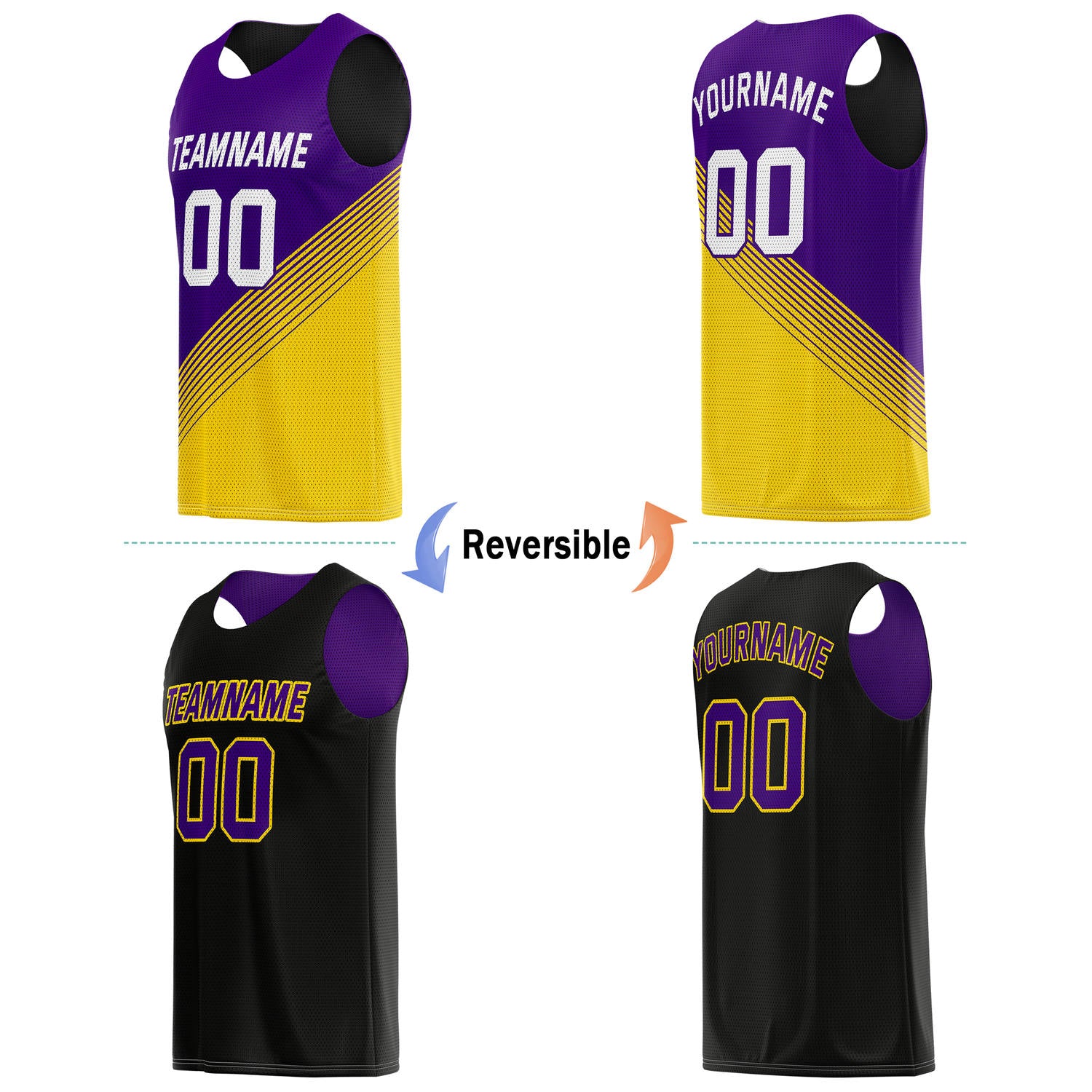 Custom Reversible Basketball Jersey & Shorts Set for Individuals & Teams – Purple Gold Black Diagonal Stripe | Vosoli