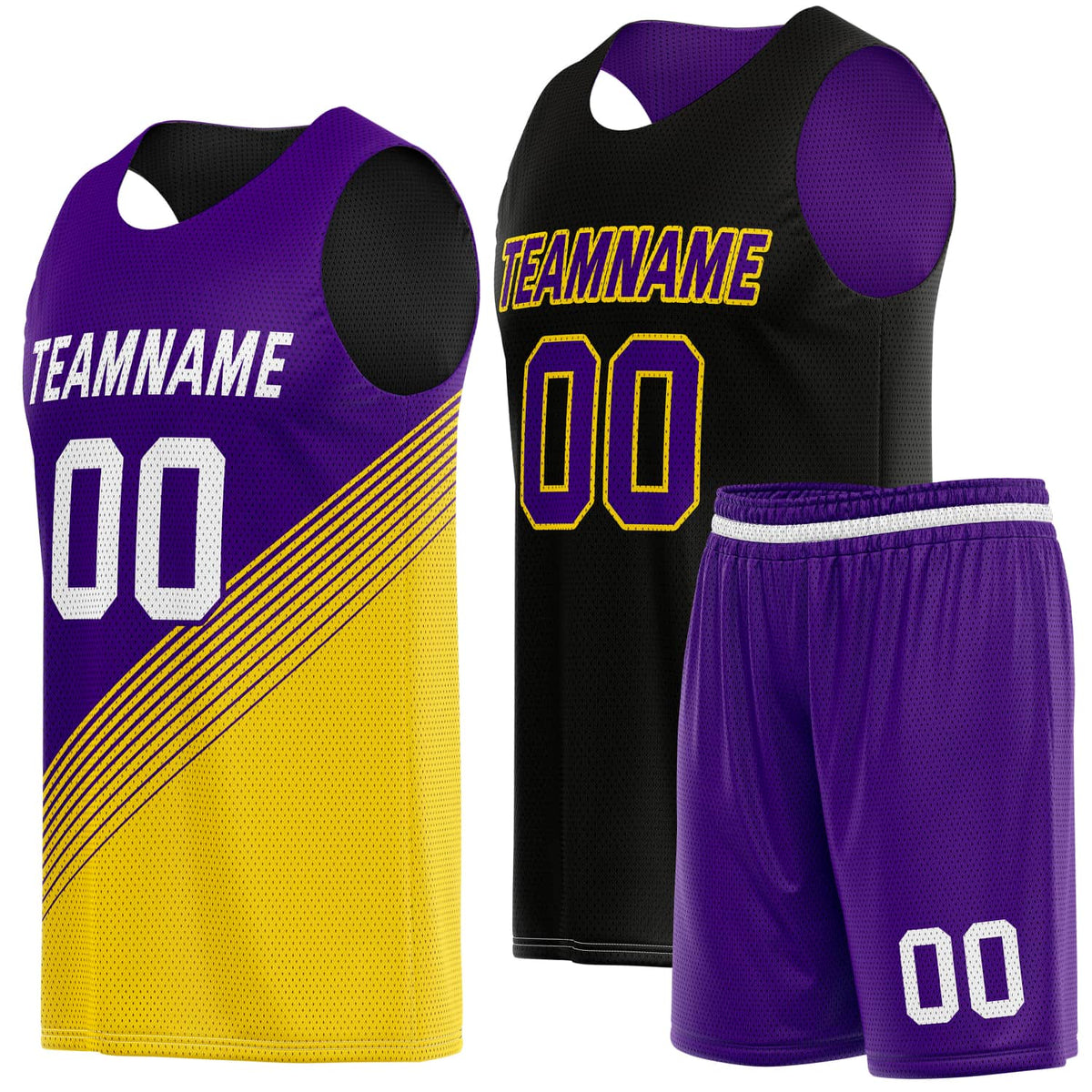Custom Reversible Basketball Jersey &amp; Shorts Set for Individuals &amp; Teams – Purple Gold Black Diagonal Stripe | Vosoli