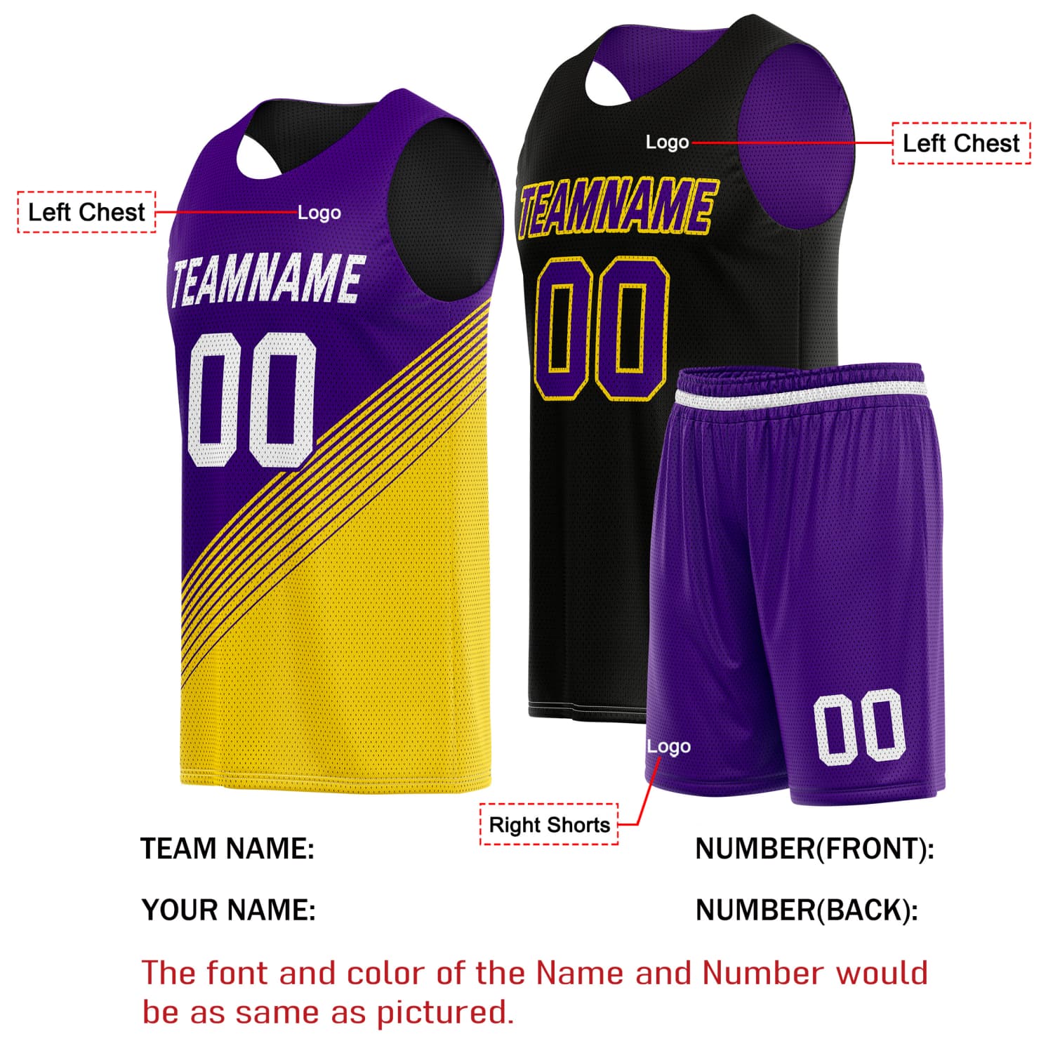Custom Reversible Basketball Jersey & Shorts Set for Individuals & Teams – Purple Gold Black Diagonal Stripe | Vosoli