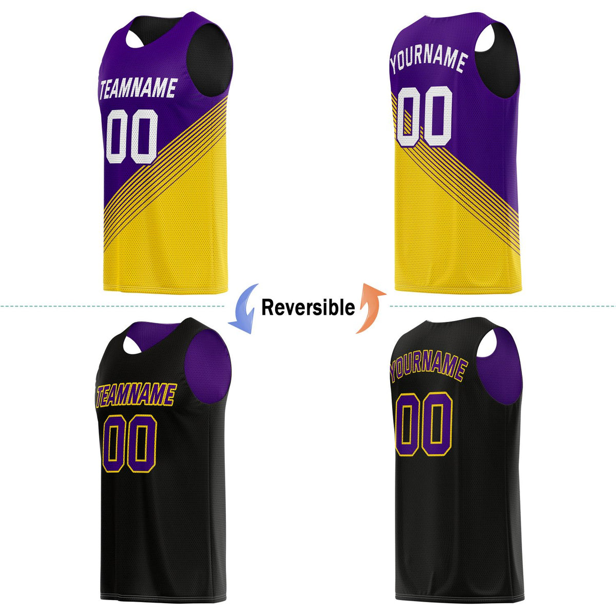 Custom Reversible Basketball Jersey for Individuals & Teams – Purple Gold Black Diagonal Stripe | Vosoli