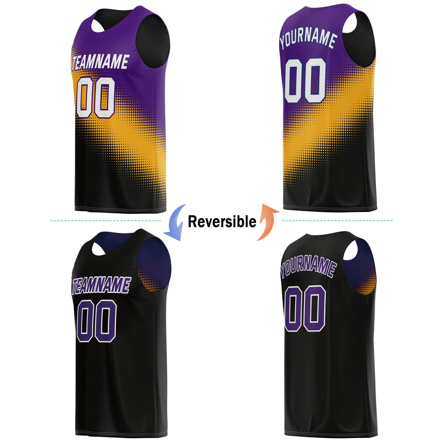 Custom Reversible Basketball Jersey & Shorts Set for Individuals & Teams – Purple Gold Black Dot Gradient | Vosoli