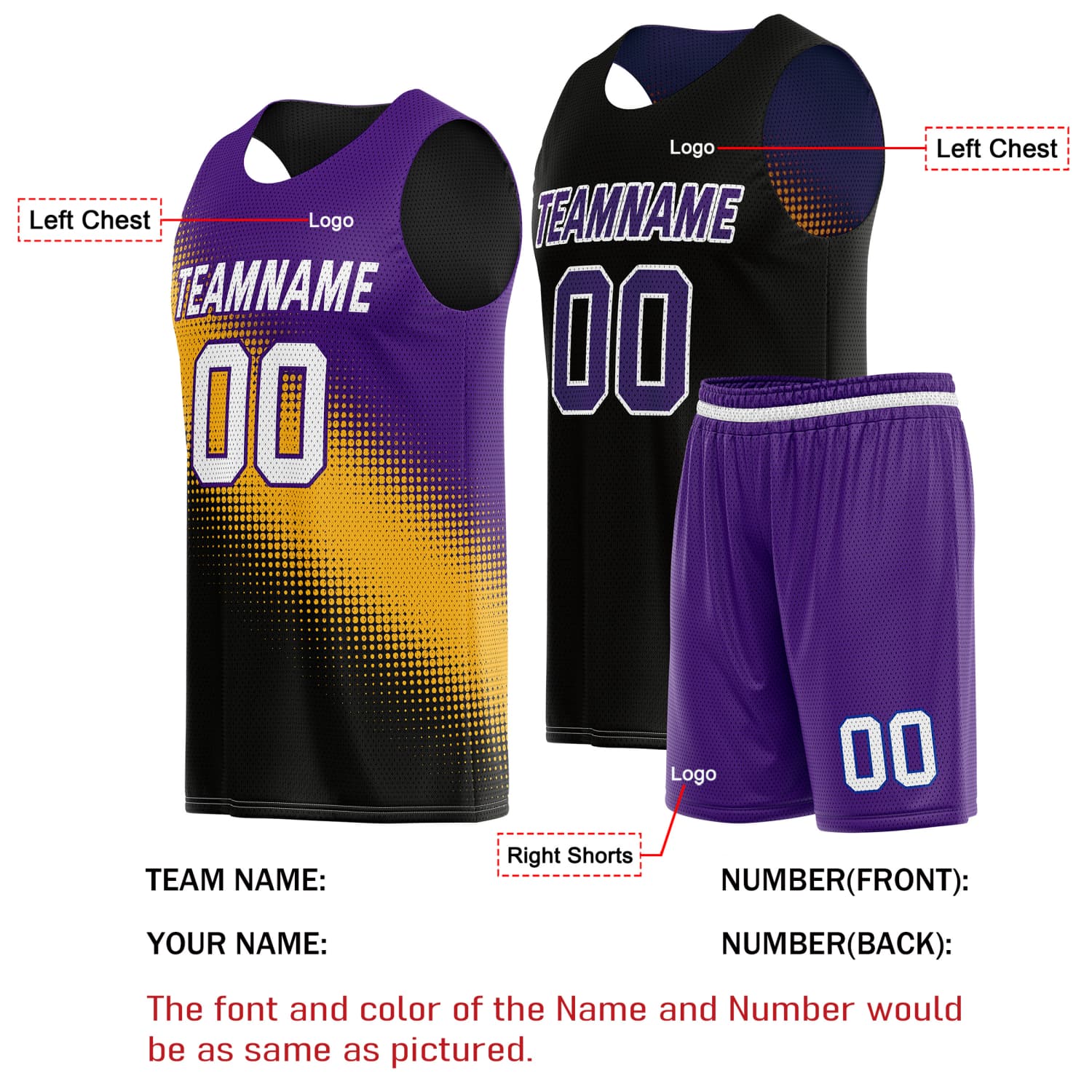Custom Reversible Basketball Jersey & Shorts Set for Individuals & Teams – Purple Gold Black Dot Gradient | Vosoli