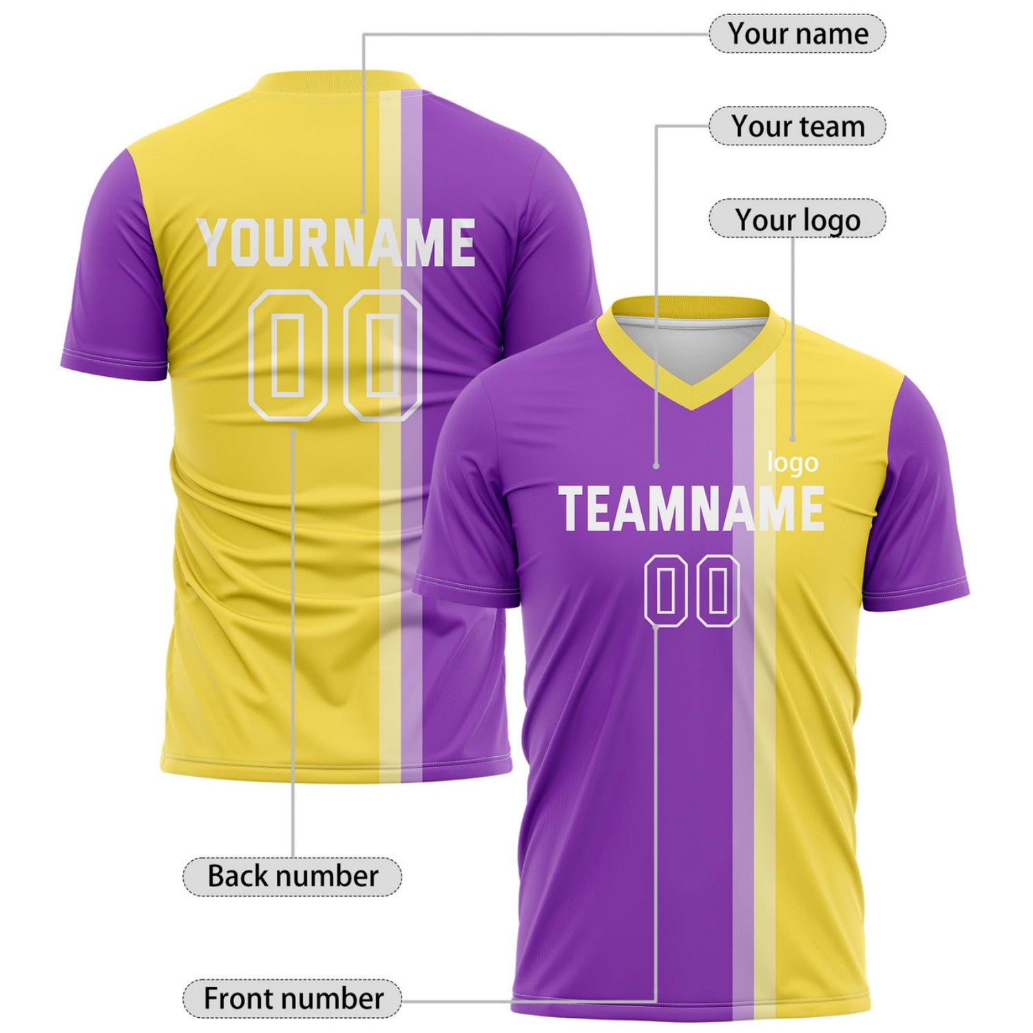 Custom Purple & Gold Split Stripe Soccer Jersey for Teams & Individuals | Vosoli