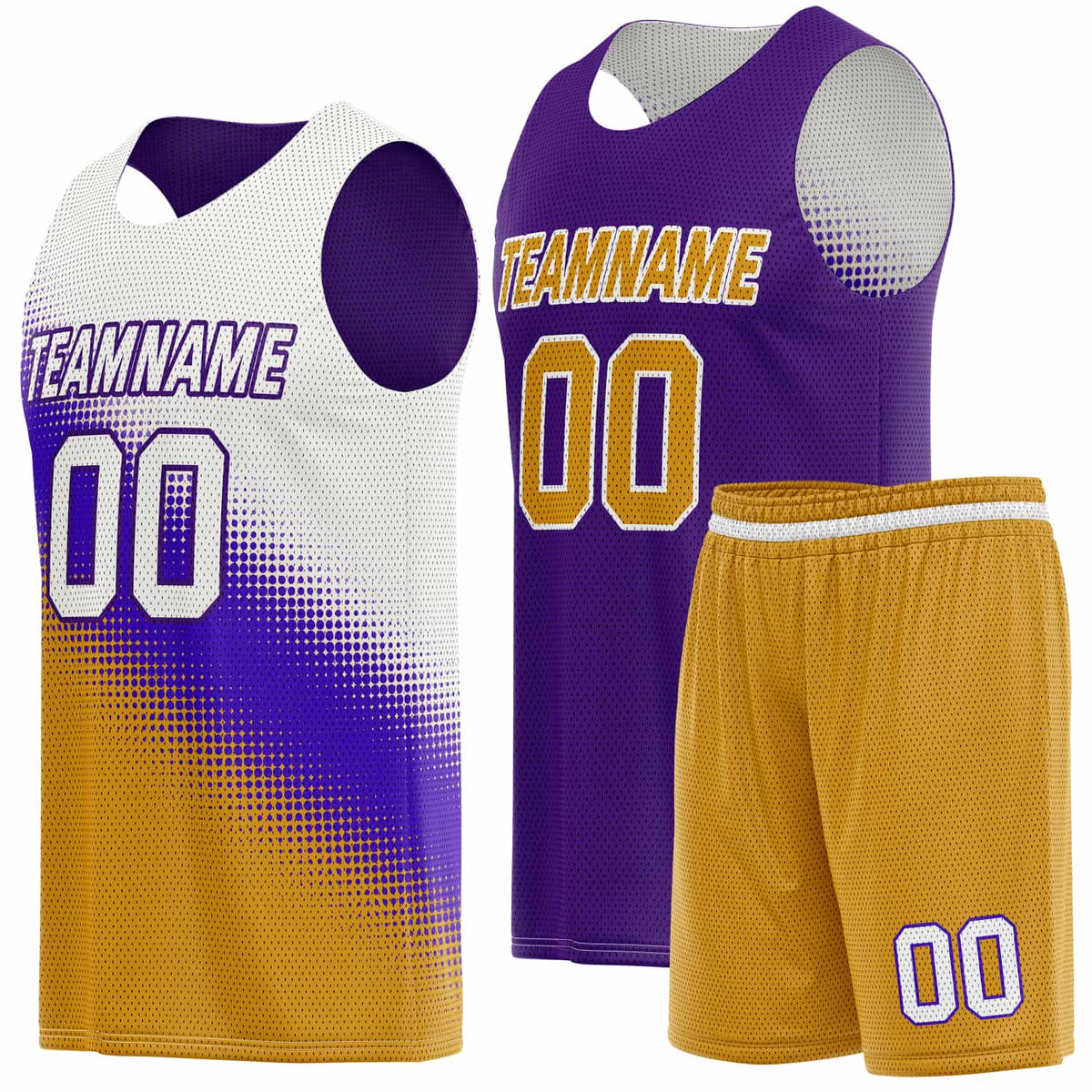 Custom Reversible Basketball Jersey &amp; Shorts Set for Individuals &amp; Teams – Purple Gold White Dot Gradient | Vosoli