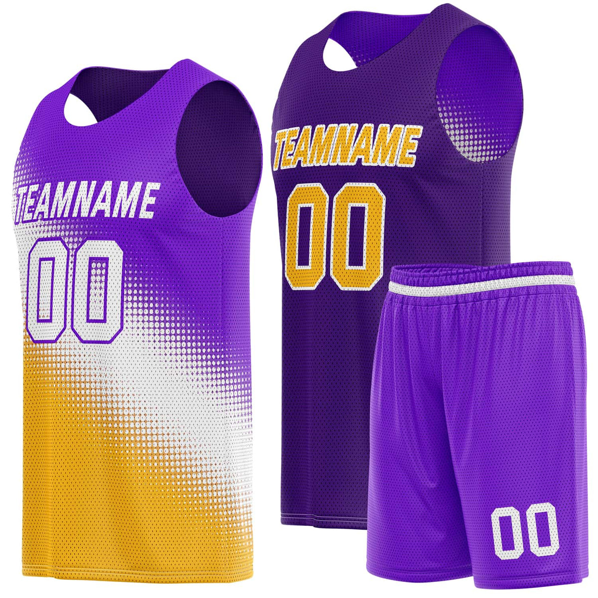 Custom Reversible Basketball Jersey &amp; Shorts Set for Individuals &amp; Teams – Purple Gold White Dot Gradient | Vosoli