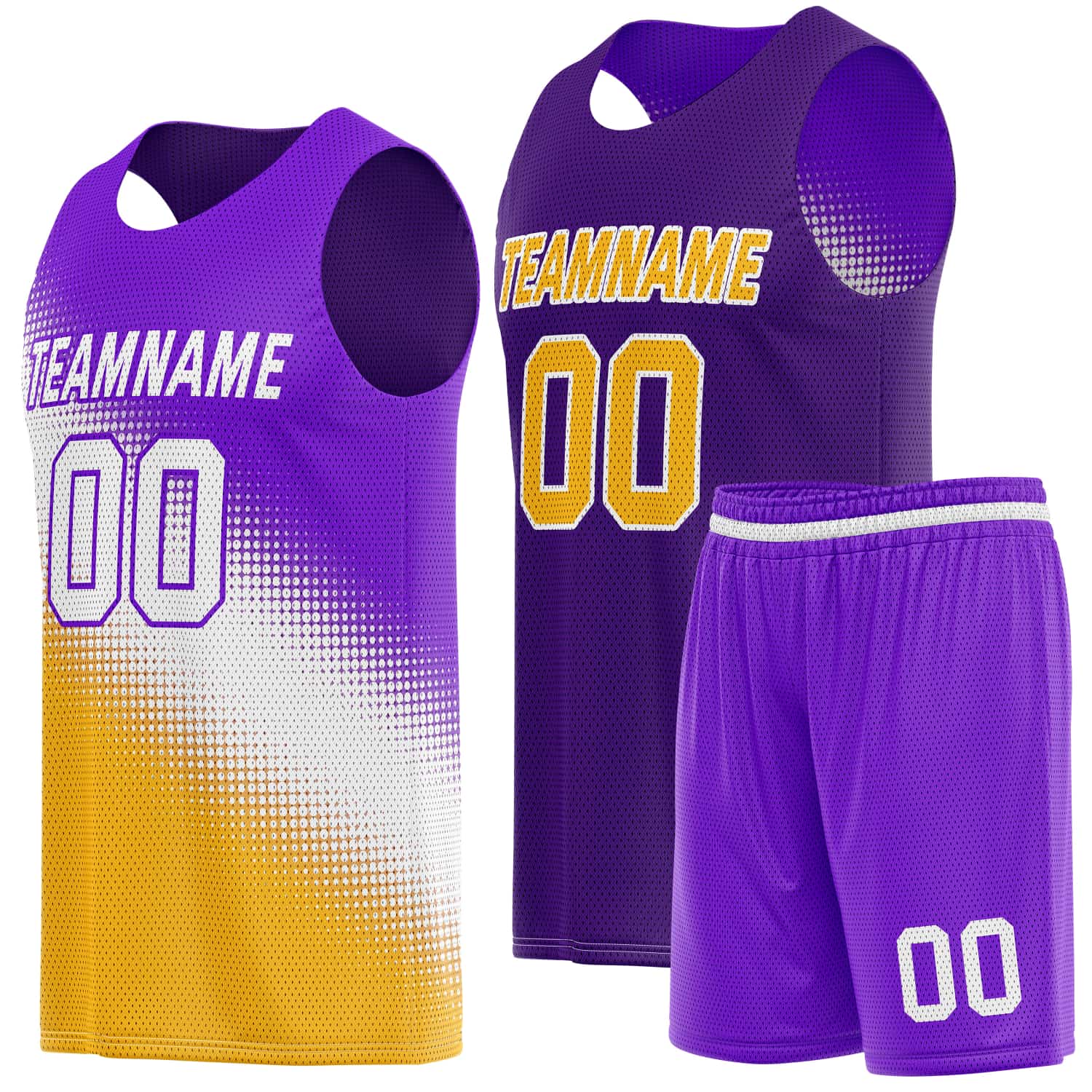 Custom Reversible Basketball Jersey & Shorts Set for Individuals & Teams – Purple Gold White Dot Gradient | Vosoli