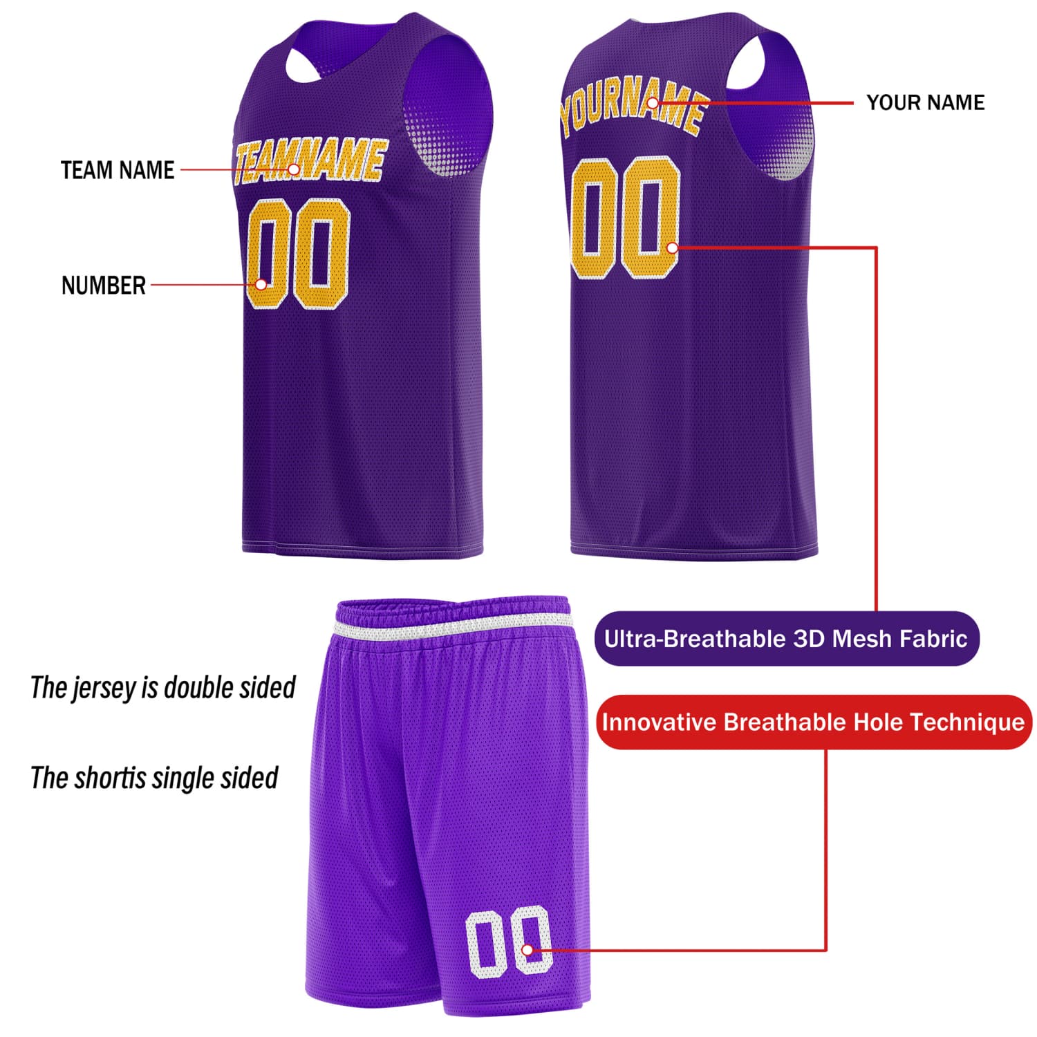 Custom Reversible Basketball Jersey & Shorts Set for Individuals & Teams – Purple Gold White Dot Gradient | Vosoli