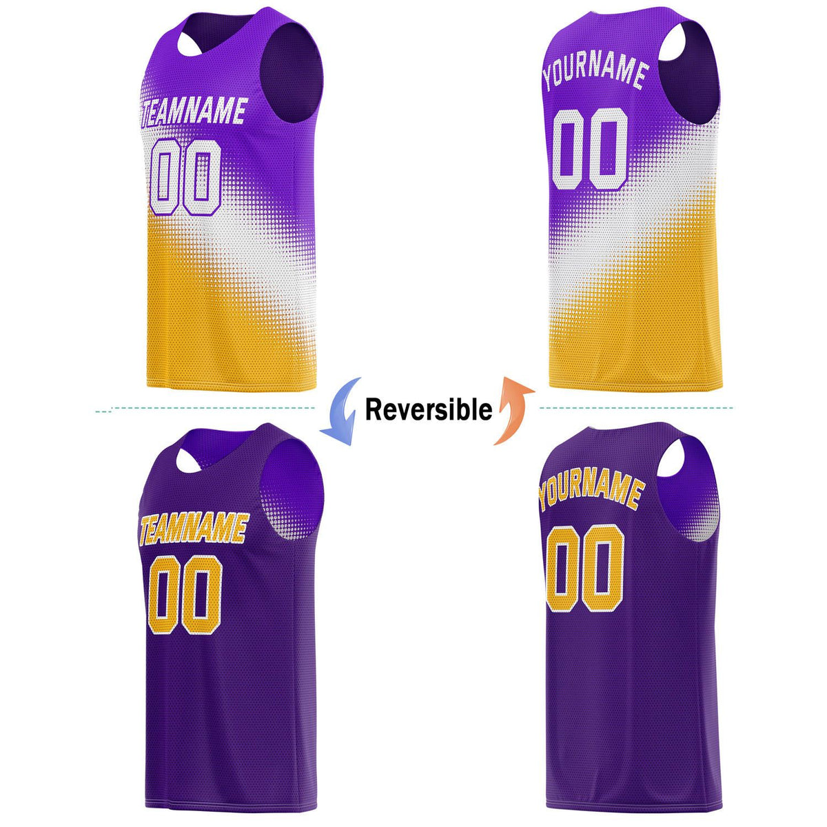 Custom Reversible Basketball Jersey & Shorts Set for Individuals & Teams – Purple Gold White Dot Gradient | Vosoli