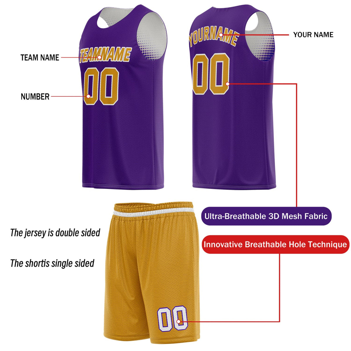 Custom Reversible Basketball Jersey & Shorts Set for Individuals & Teams – Purple Gold White Dot Gradient | Vosoli