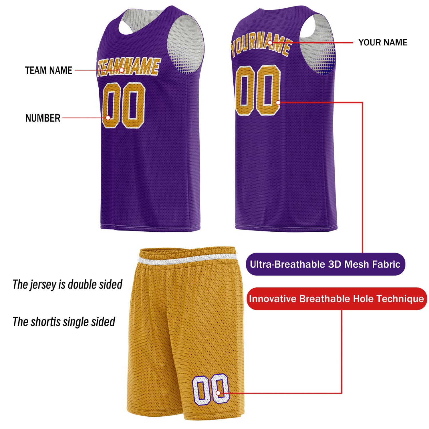 Custom Reversible Basketball Jersey & Shorts Set for Individuals & Teams – Purple Gold White Dot Gradient | Vosoli