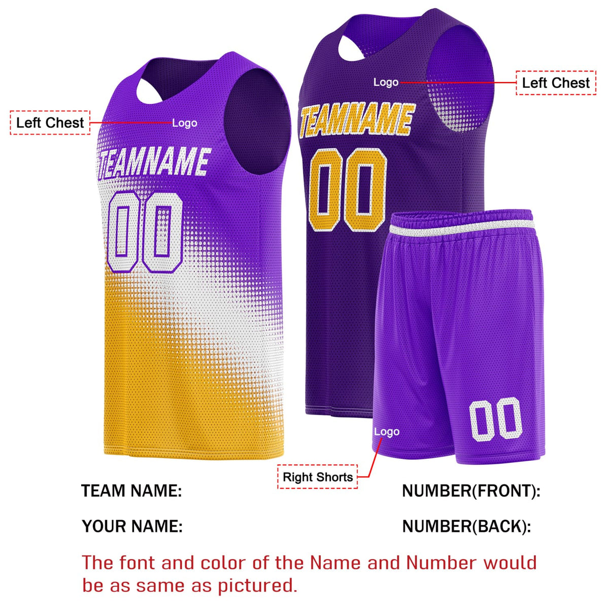 Custom Reversible Basketball Jersey & Shorts Set for Individuals & Teams – Purple Gold White Dot Gradient | Vosoli