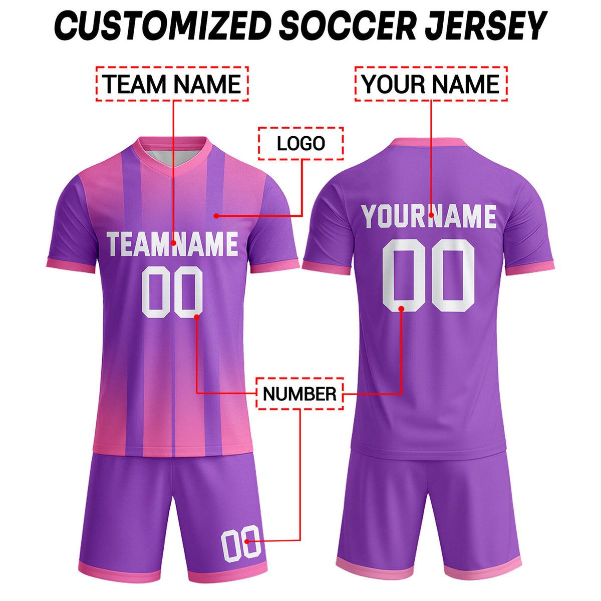 Custom Purple & Pink Stripe Gradient Soccer Uniform Set for Teams & Individuals | Vosoli