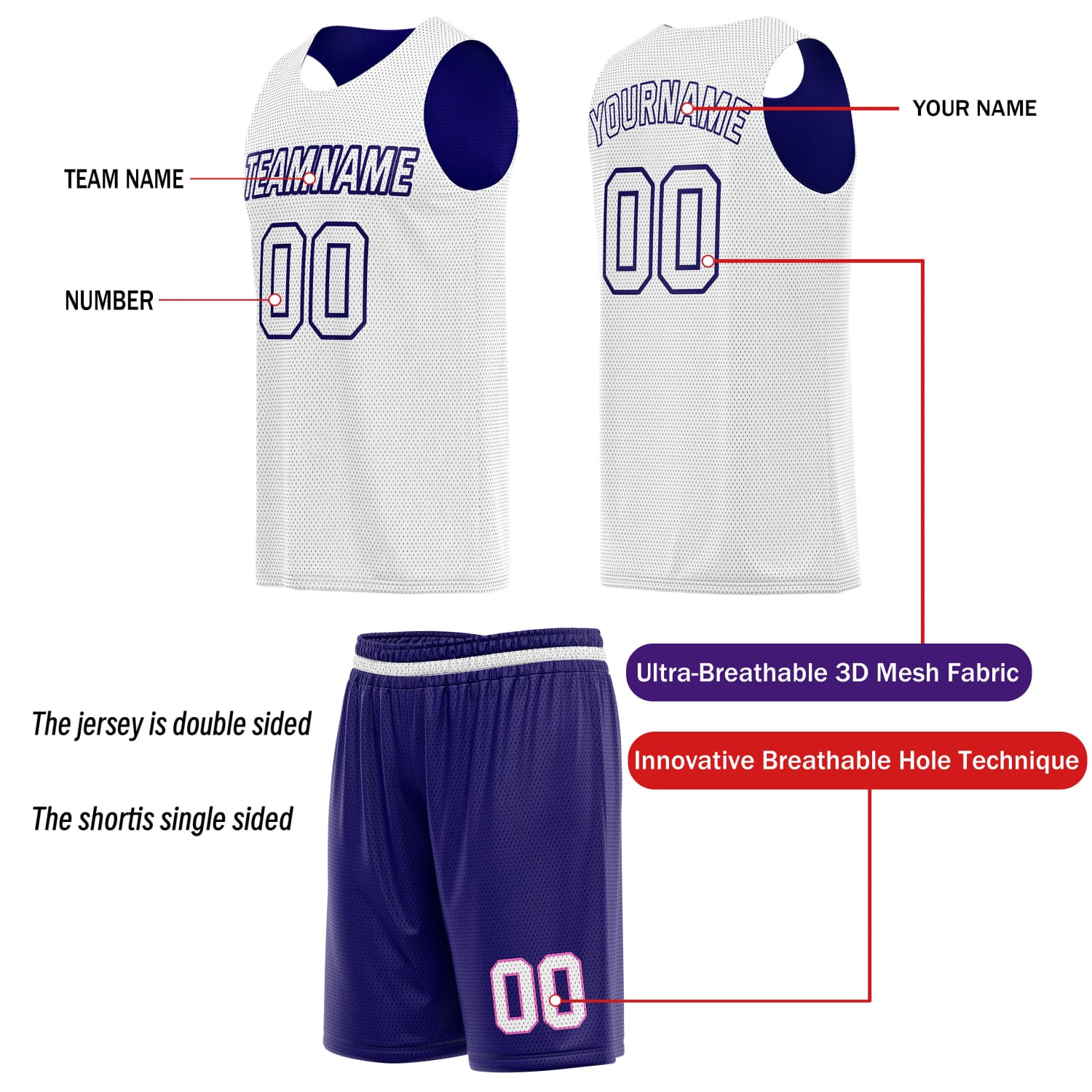 Custom Reversible Basketball Jersey & Shorts Set for Individuals & Teams – Purple Pink White | Vosoli