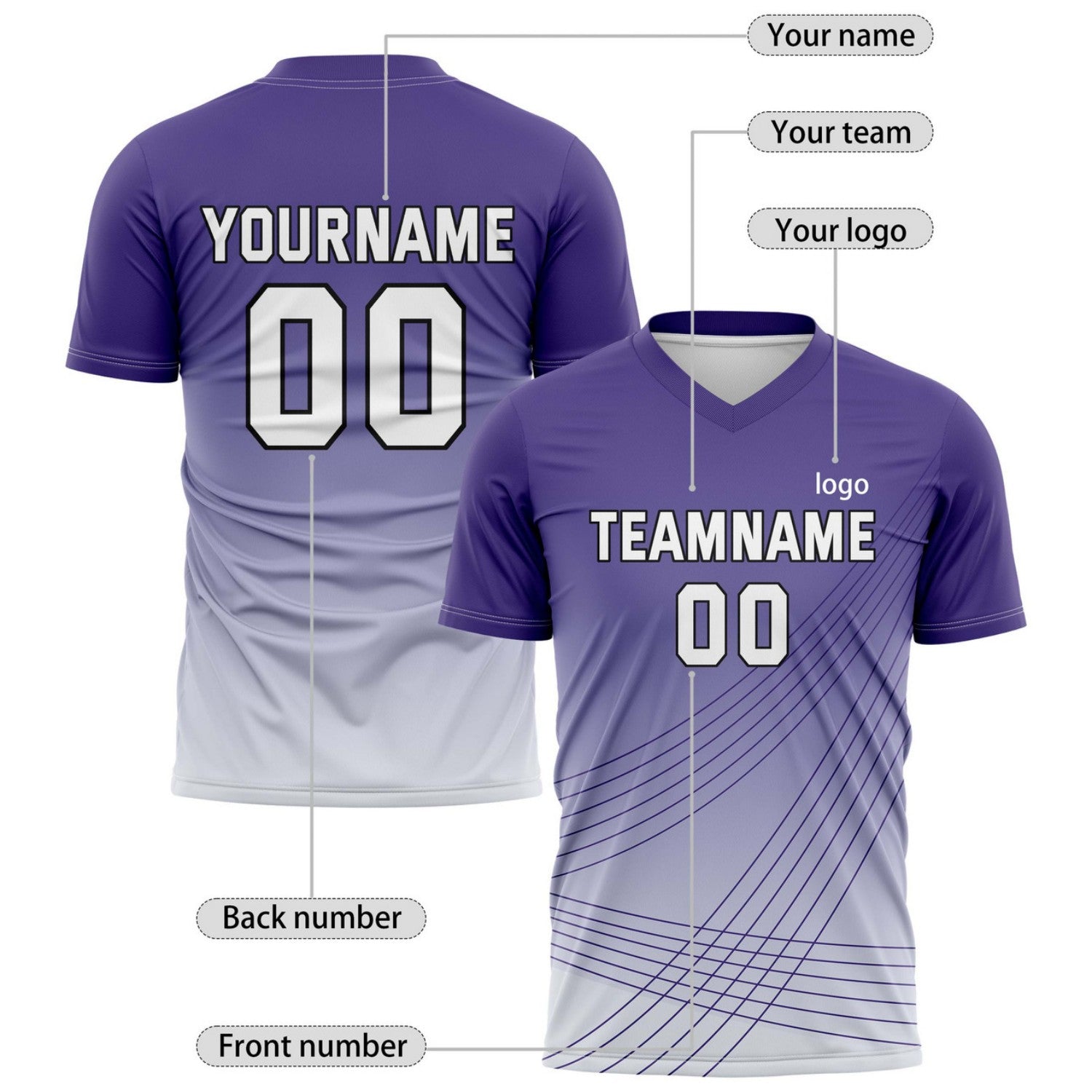 Custom Purple-to-White Gradient Soccer Jersey - Personalized Team Name & Player Number for Matches | Vosoli