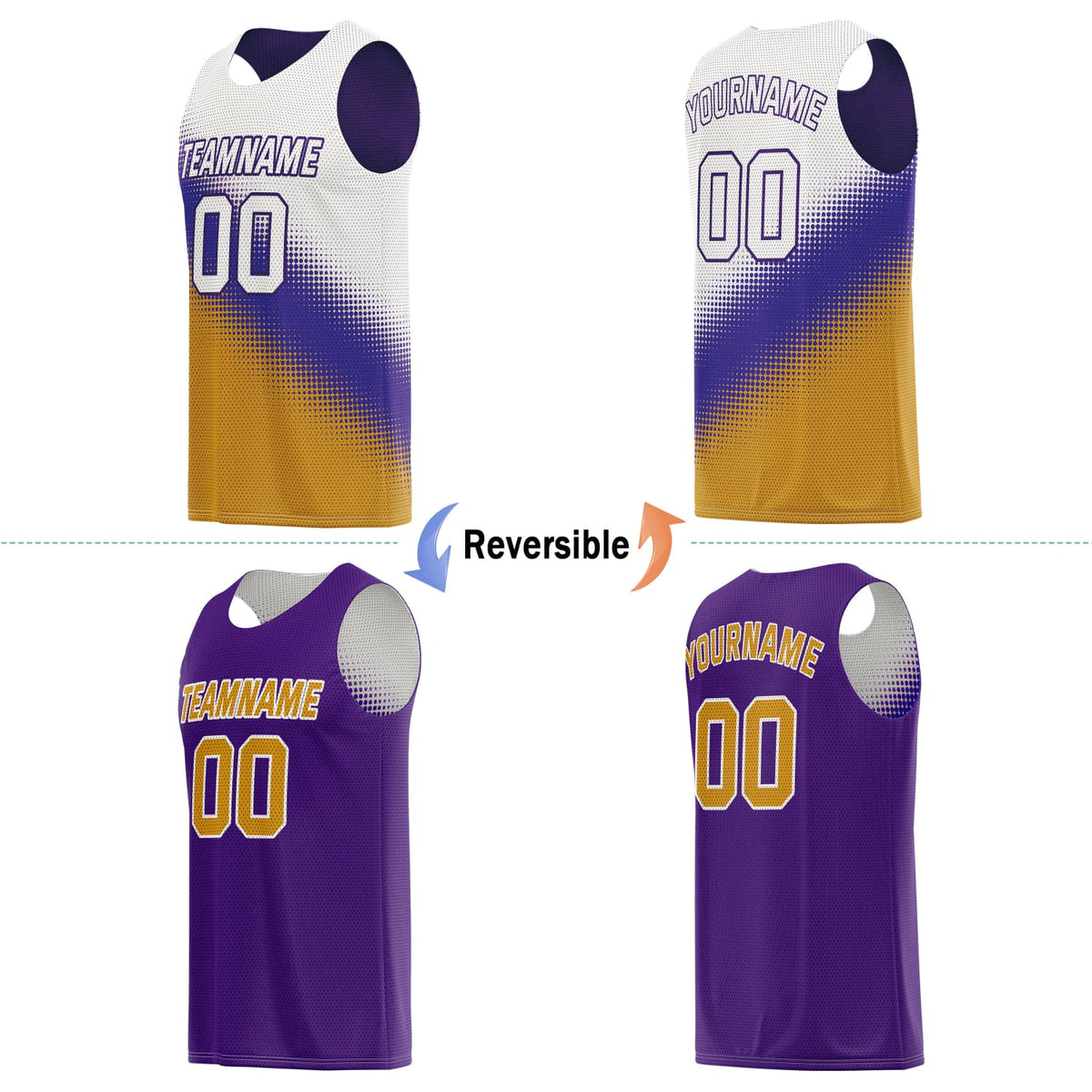 Custom Reversible Basketball Jersey for Individuals & Teams – Purple, White & Yellow | Vosoli