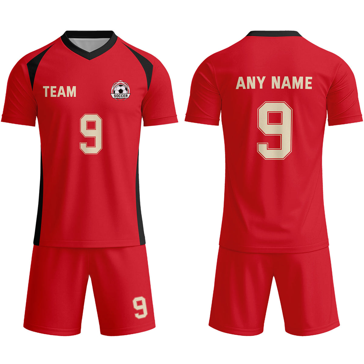 Custom Red &amp; Black-Gold Soccer Uniform Set - Personalized Team Name &amp; Number | Vosoli
