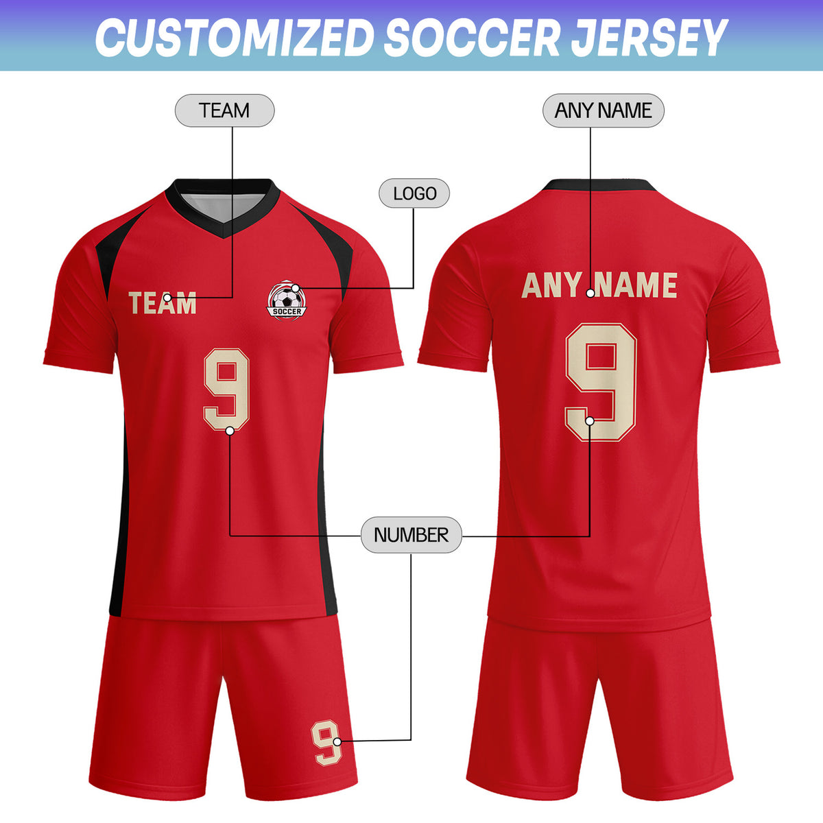 Custom Red & Black-Gold Soccer Uniform Set - Personalized Team Name & Number | Vosoli