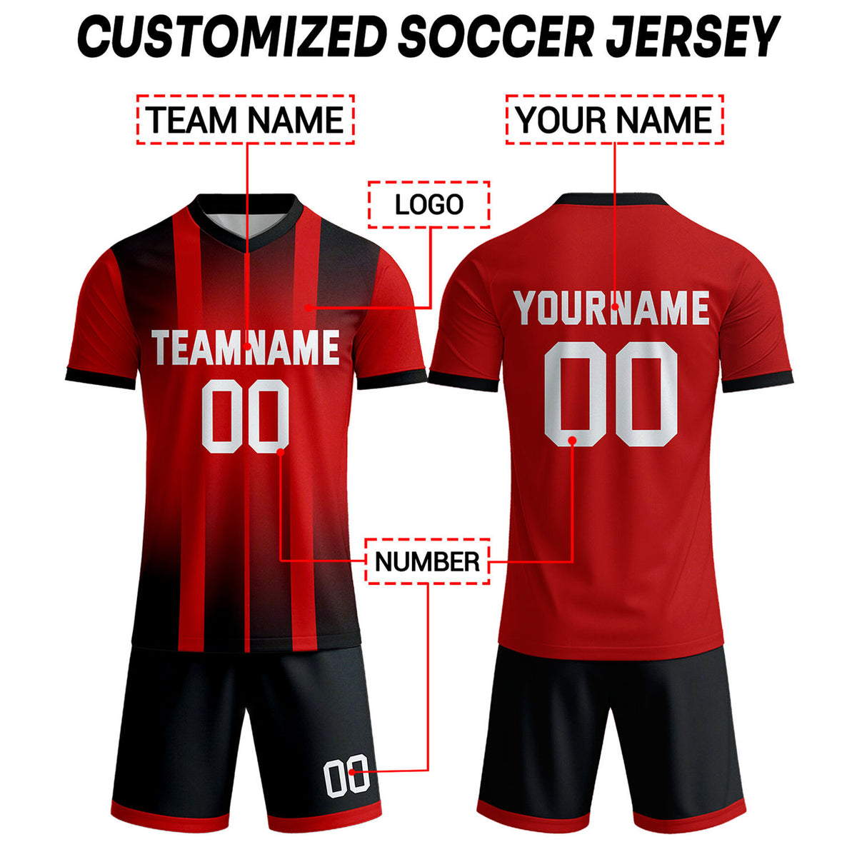 Custom Red & Black Gradient Soccer Uniform Set for Teams & Individuals | Vosoli