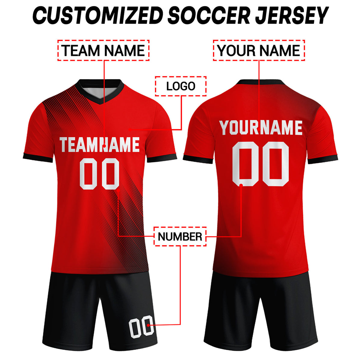 Custom Red & Black Stripe Soccer Uniform Set for Teams & Individuals | Vosoli