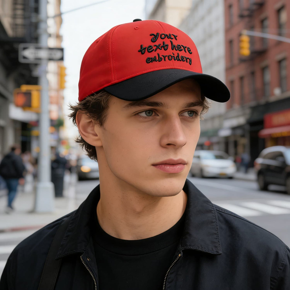 Vosoli Red Black Two-Tone Baseball Cap - Unisex Custom 3D Embroidery or Print