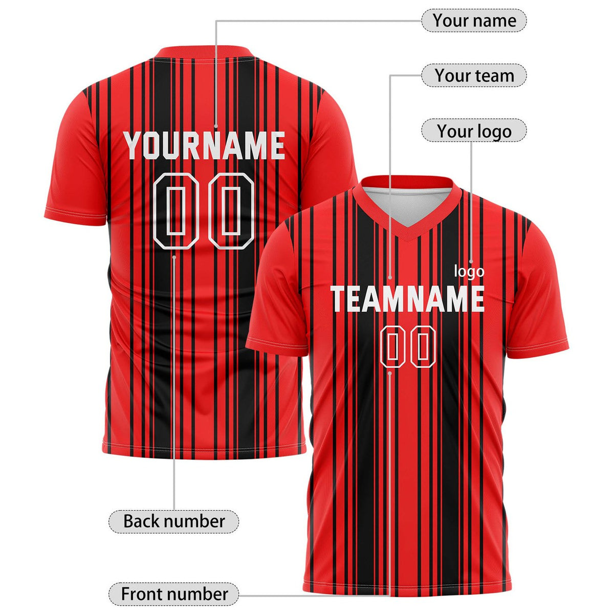 Custom Red & Black Vertical Stripe Soccer Jersey for Teams & Individuals | Vosoli