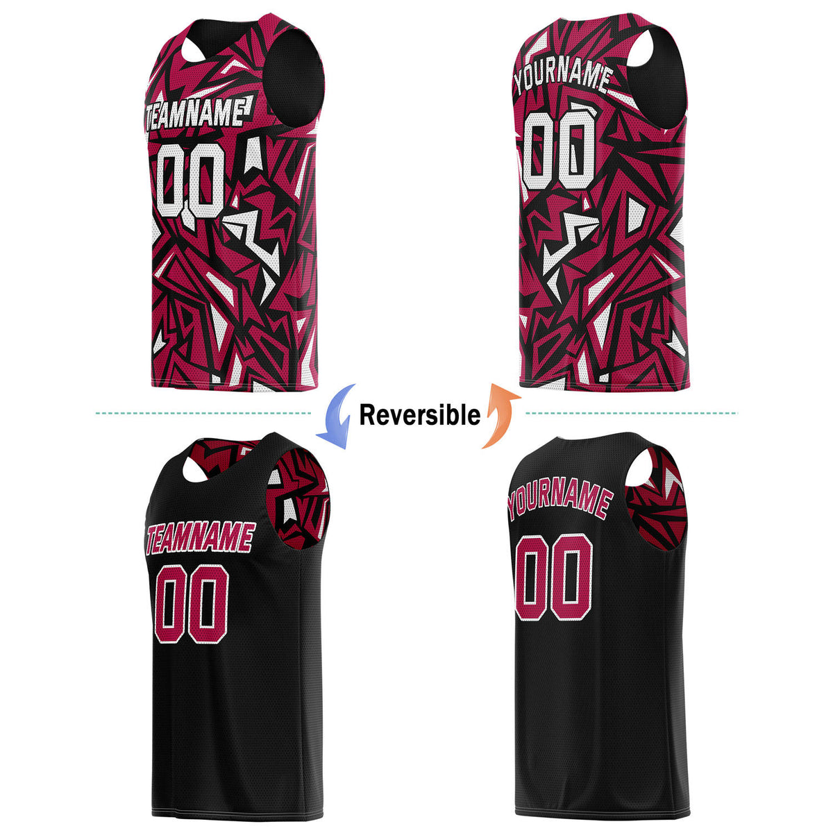 Custom Reversible Basketball Jersey for Individuals & Teams – Red Black White Abstract Geo | Vosoli