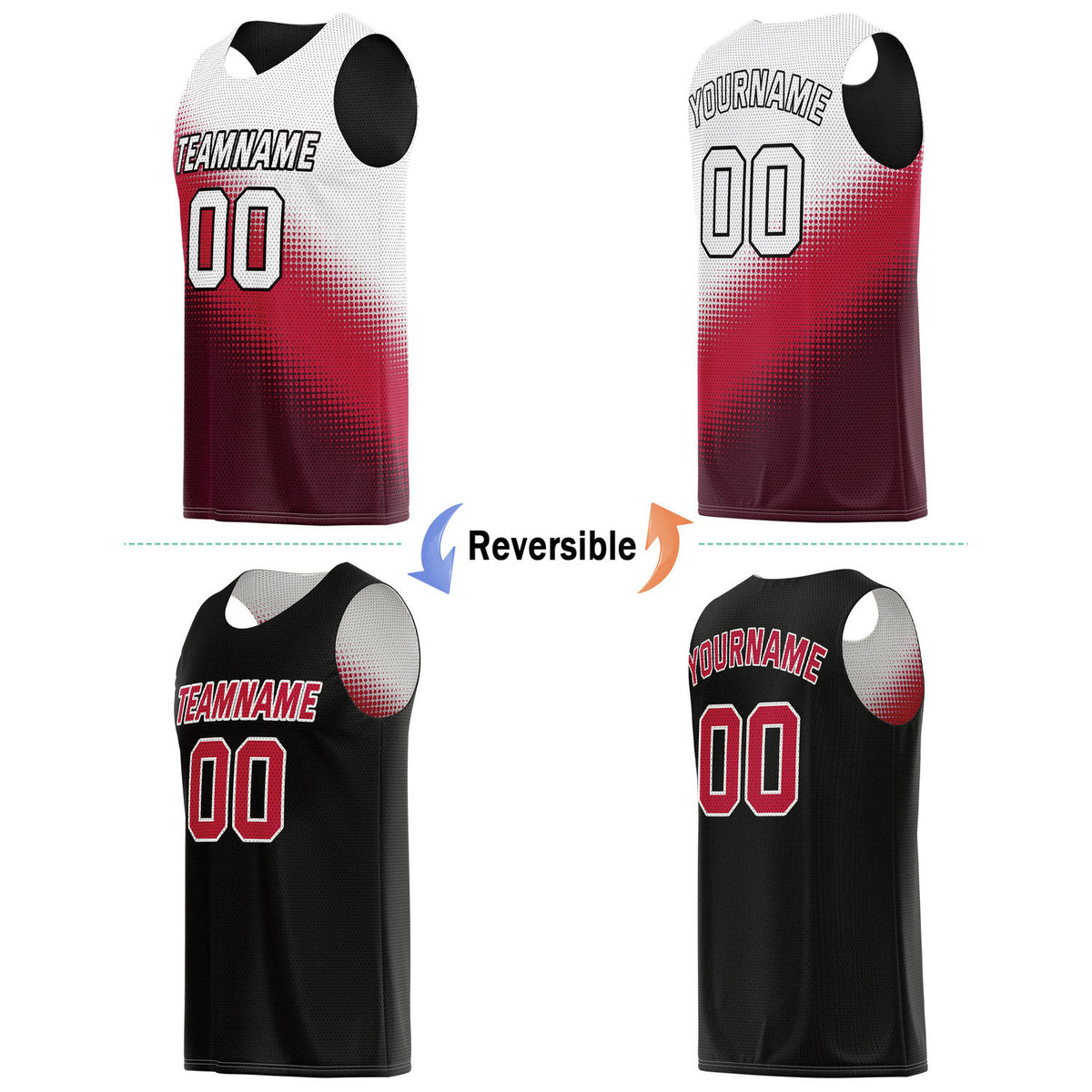 Custom Reversible Basketball Jersey & Shorts Set for Individuals & Teams – Red Black White Dot Gradient | Vosoli