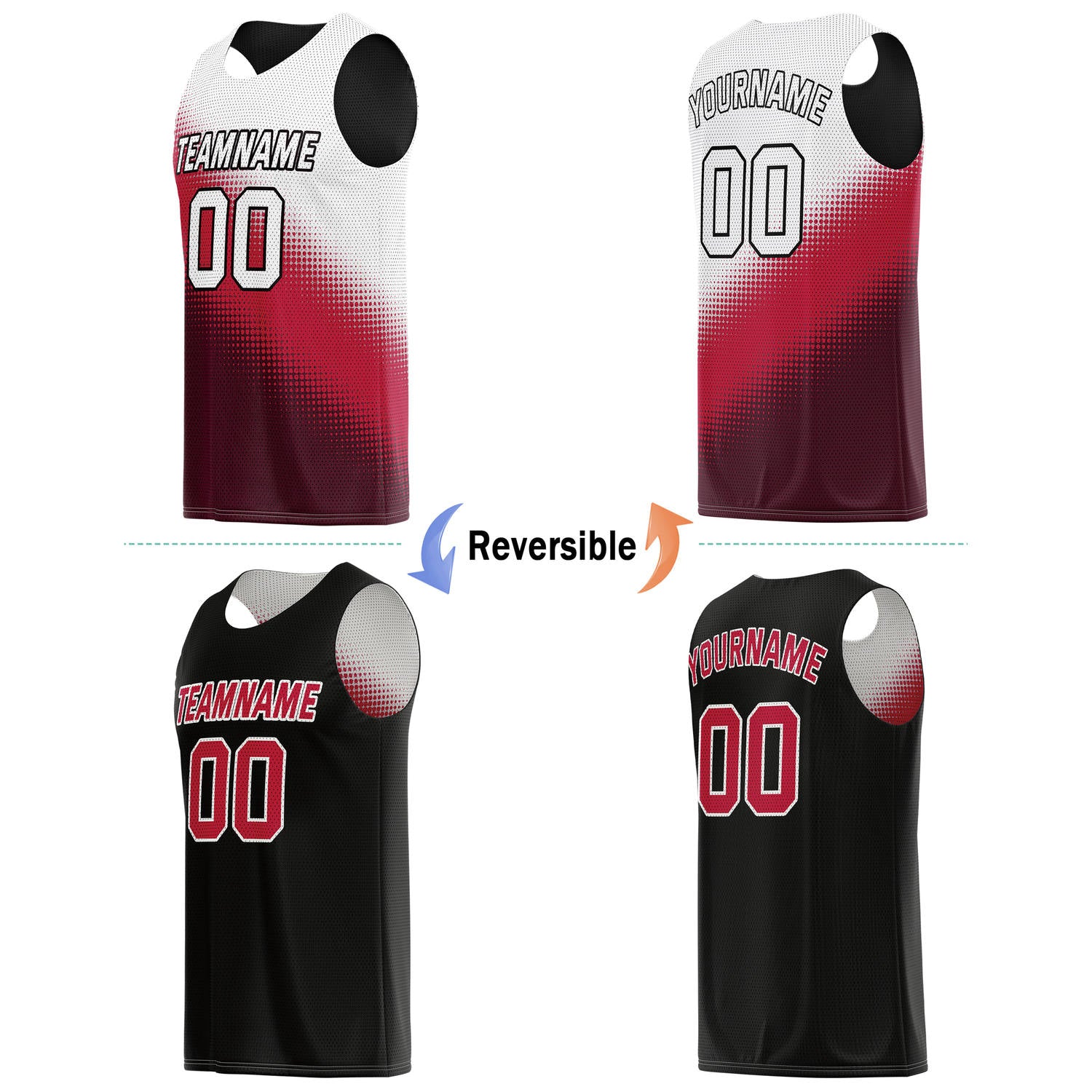 Custom Reversible Basketball Jersey & Shorts Set for Individuals & Teams – Red Black White Dot Gradient | Vosoli
