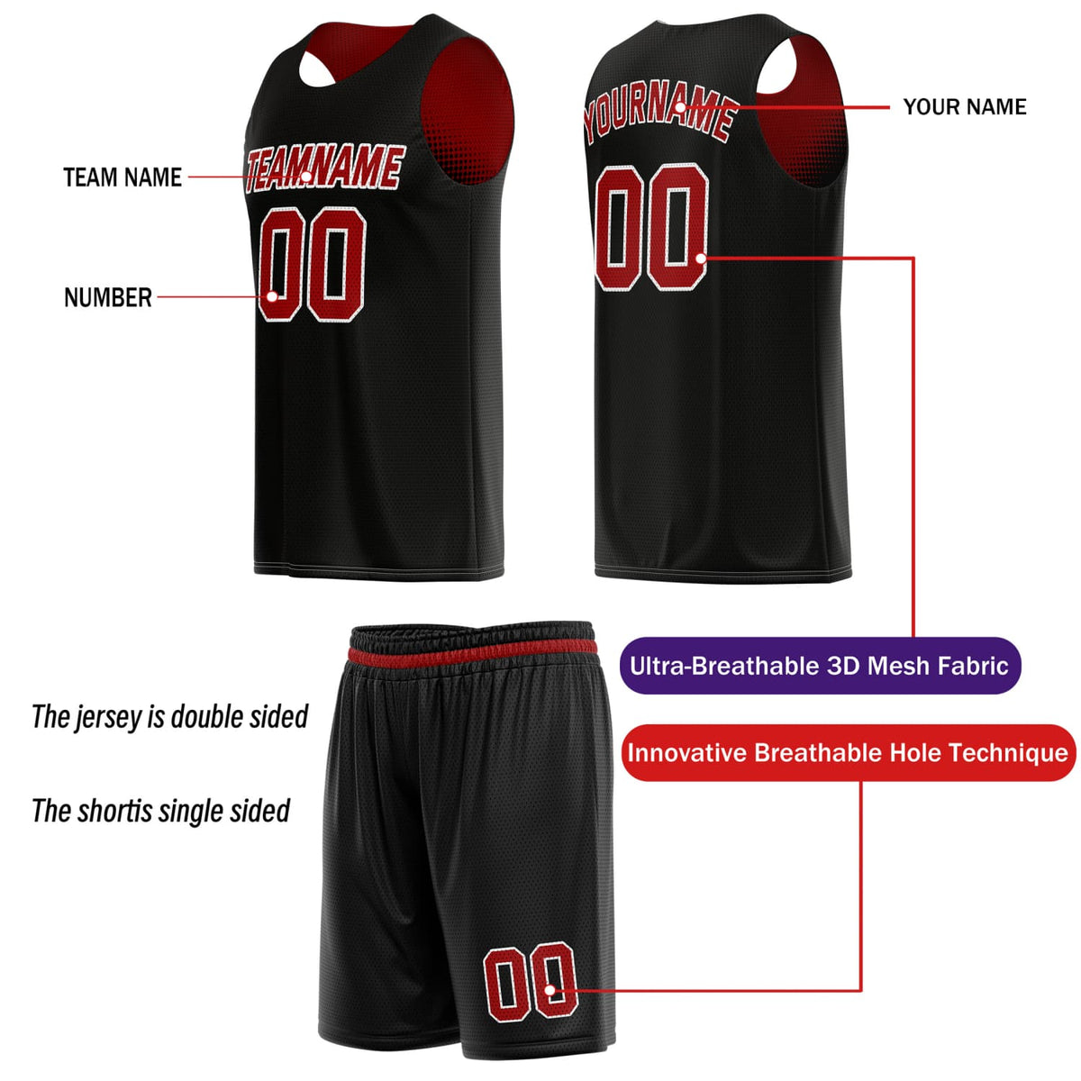 Custom Reversible Basketball Jersey & Shorts Set for Individuals & Teams – Red Black White Dot Gradient | Vosoli