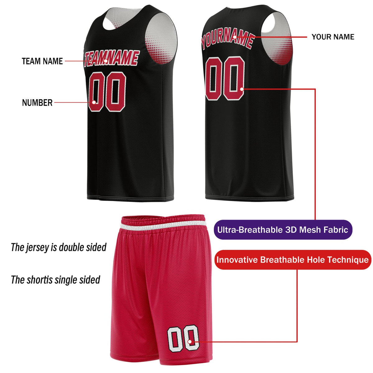 Custom Reversible Basketball Jersey & Shorts Set for Individuals & Teams – Red Black White Dot Gradient | Vosoli