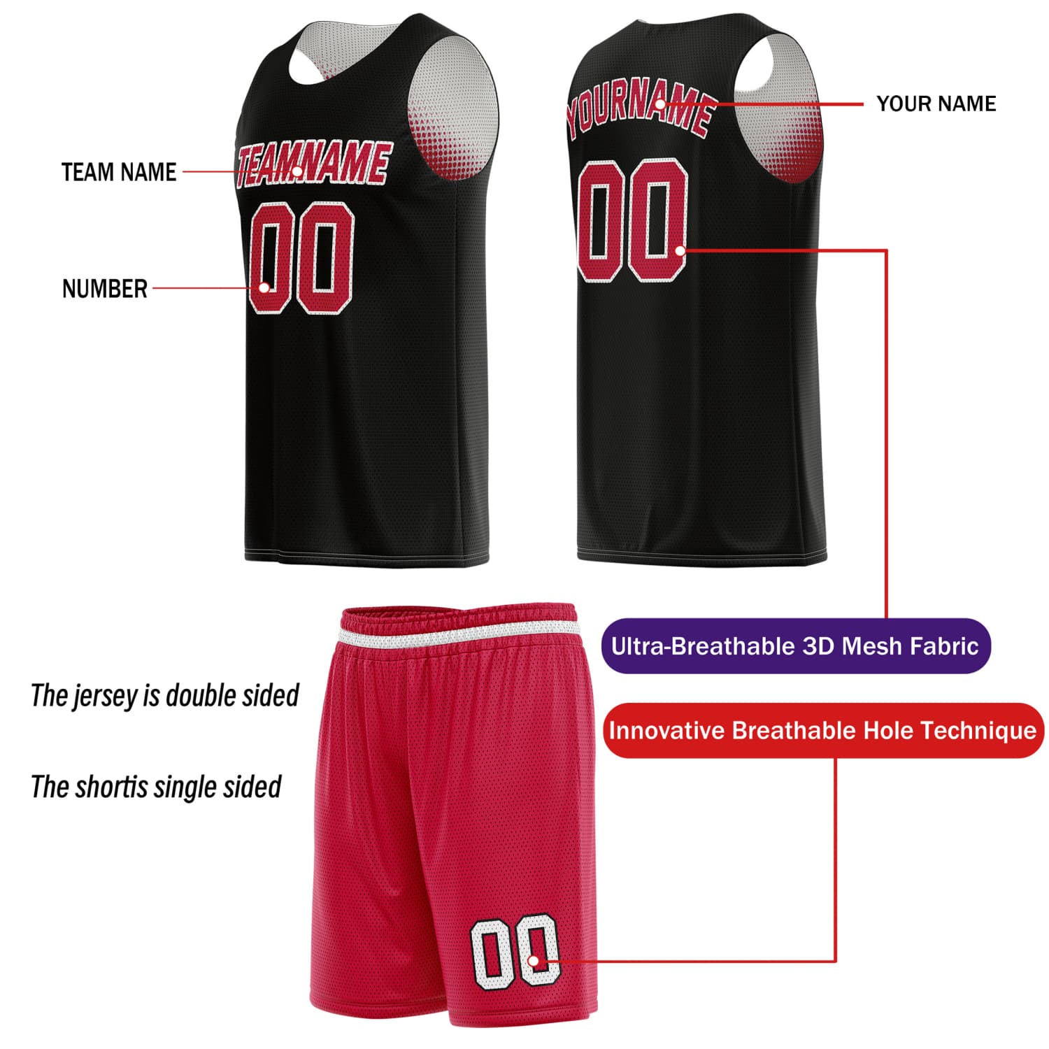 Custom Reversible Basketball Jersey & Shorts Set for Individuals & Teams – Red Black White Dot Gradient | Vosoli