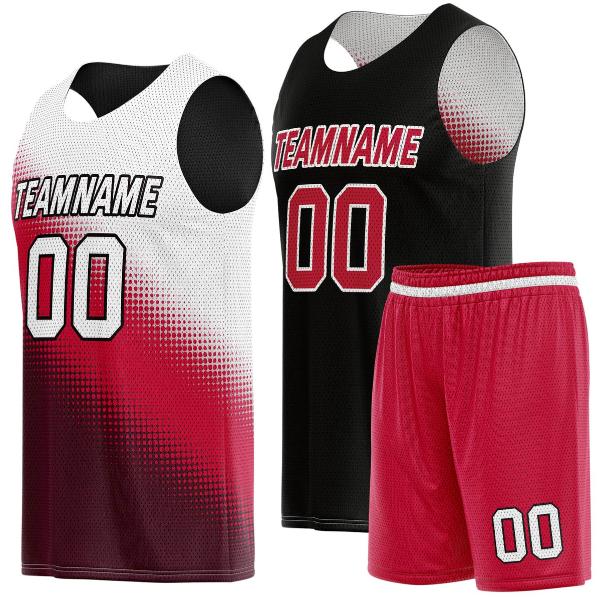 Custom Reversible Basketball Jersey &amp; Shorts Set for Individuals &amp; Teams – Red Black White Dot Gradient | Vosoli