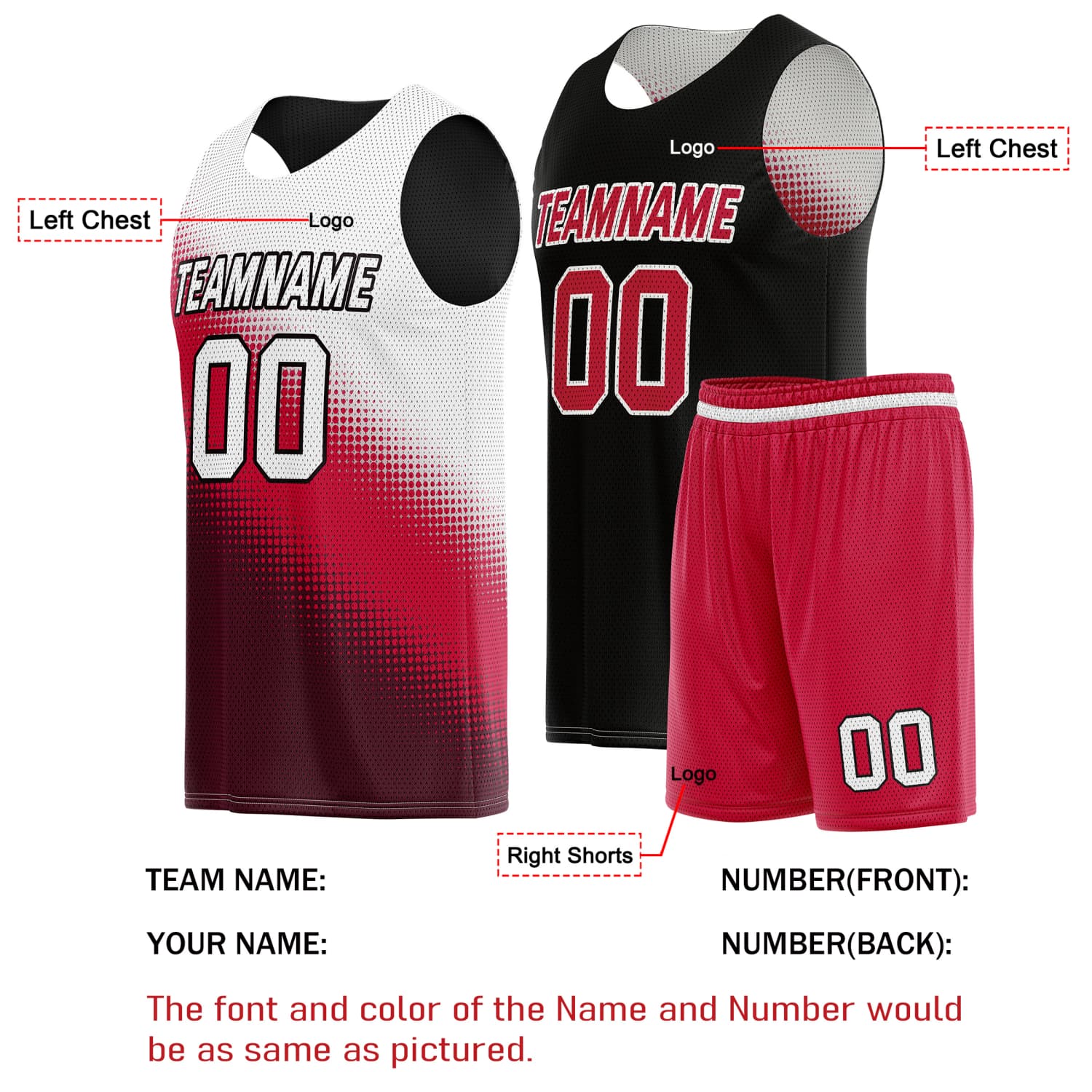 Custom Reversible Basketball Jersey & Shorts Set for Individuals & Teams – Red Black White Dot Gradient | Vosoli