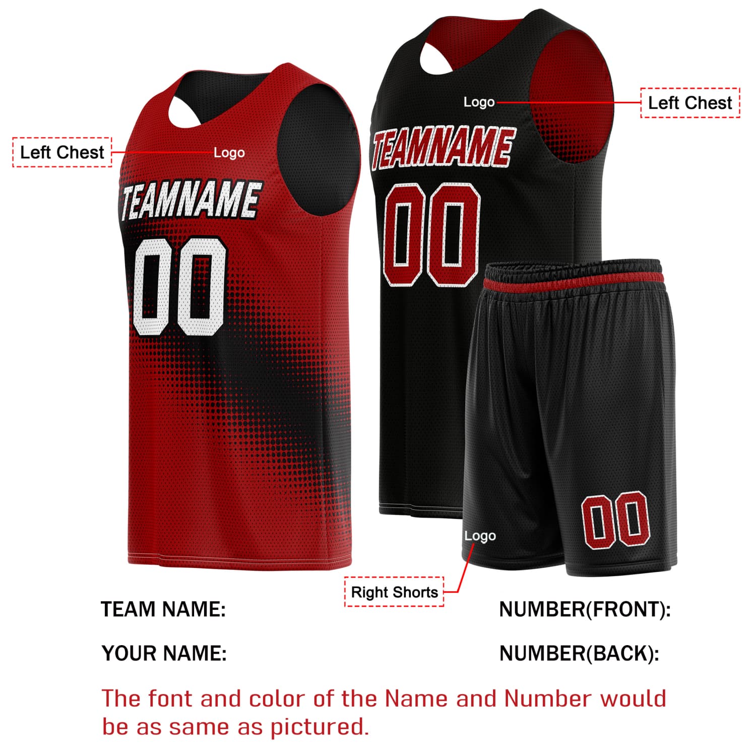 Custom Reversible Basketball Jersey & Shorts Set for Individuals & Teams – Red Black White Dot Gradient | Vosoli