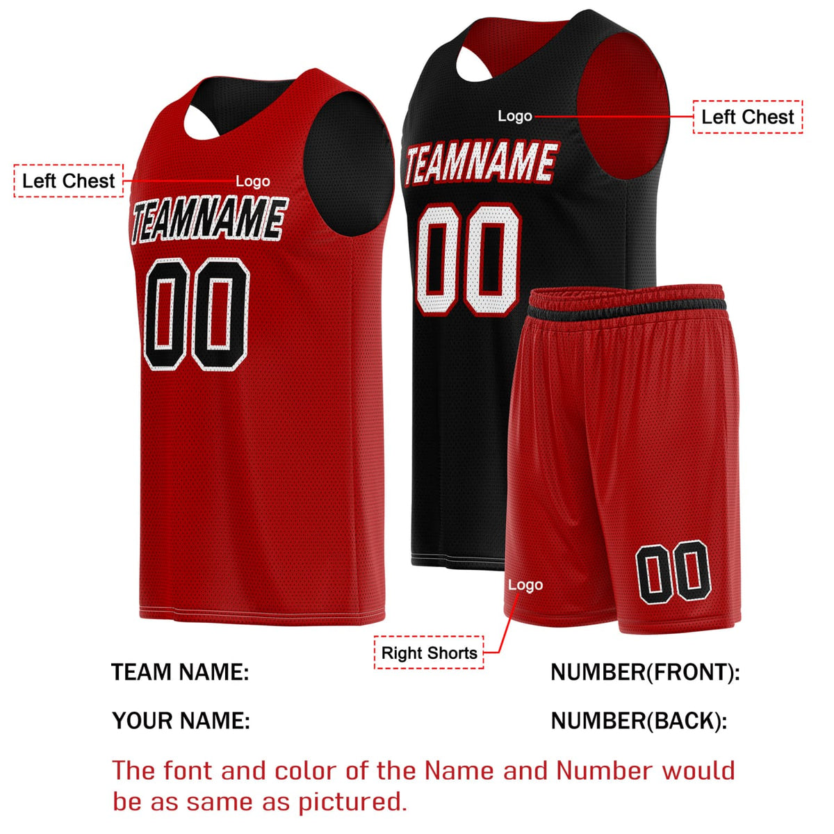 Custom Reversible Basketball Jersey & Shorts Set for Individuals & Teams – Red Black White | Vosoli