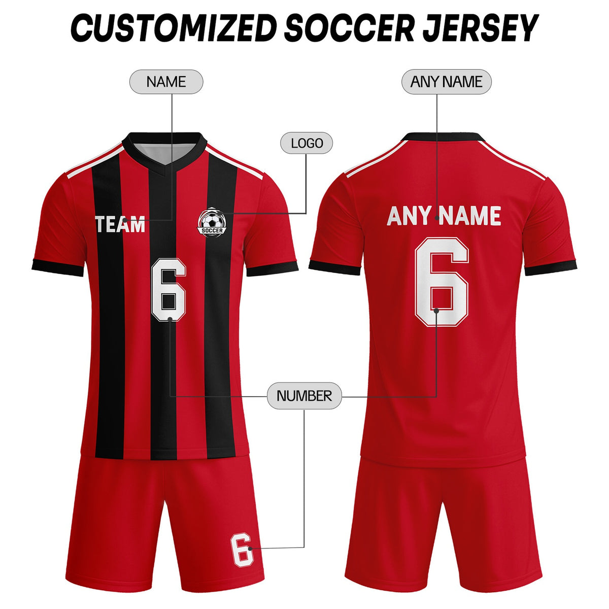 Custom Red & Black-White Striped Soccer Uniform Set for Teams & Individuals | Vosoli