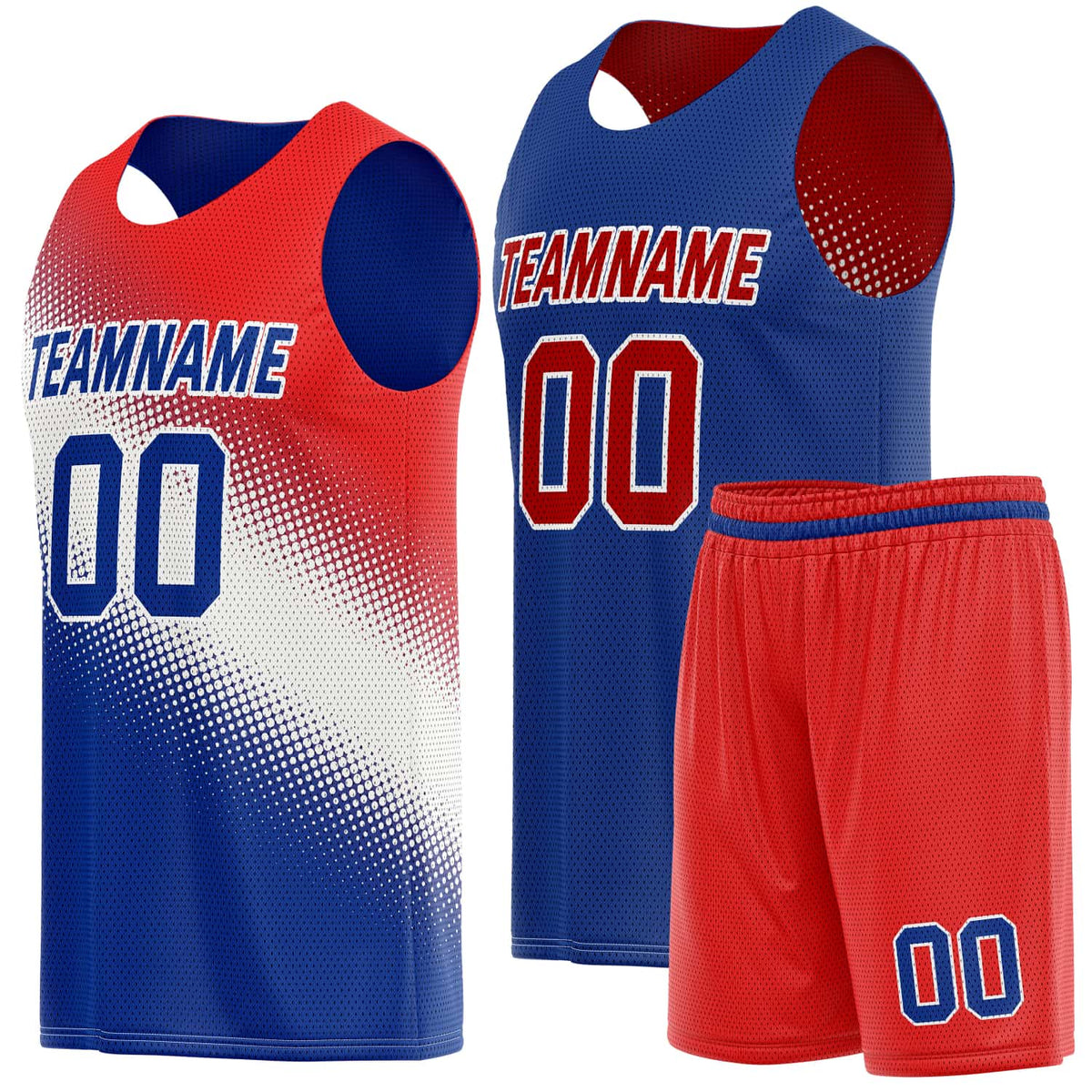 Custom Reversible Basketball Jersey &amp; Shorts Set for Individuals &amp; Teams – Red Blue White Dot Gradient | Vosoli