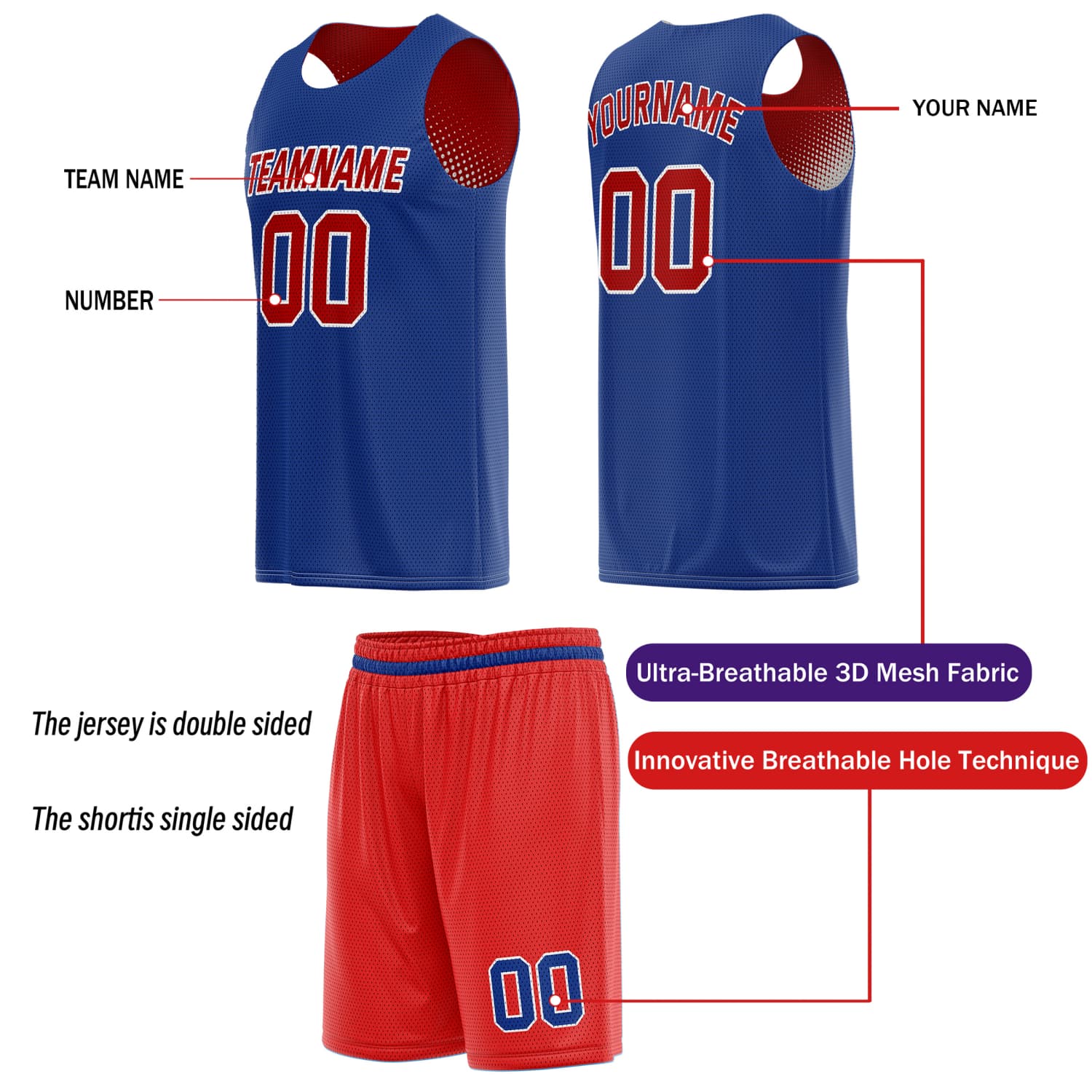 Custom Reversible Basketball Jersey & Shorts Set for Individuals & Teams – Red Blue White Dot Gradient | Vosoli