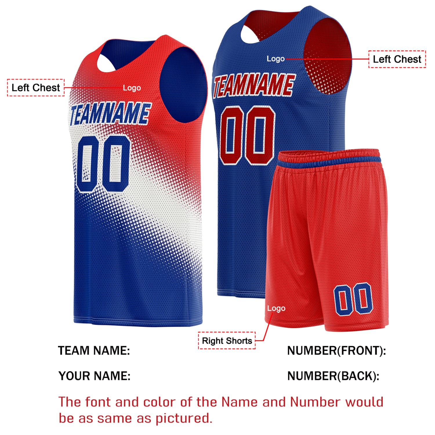 Custom Reversible Basketball Jersey & Shorts Set for Individuals & Teams – Red Blue White Dot Gradient | Vosoli