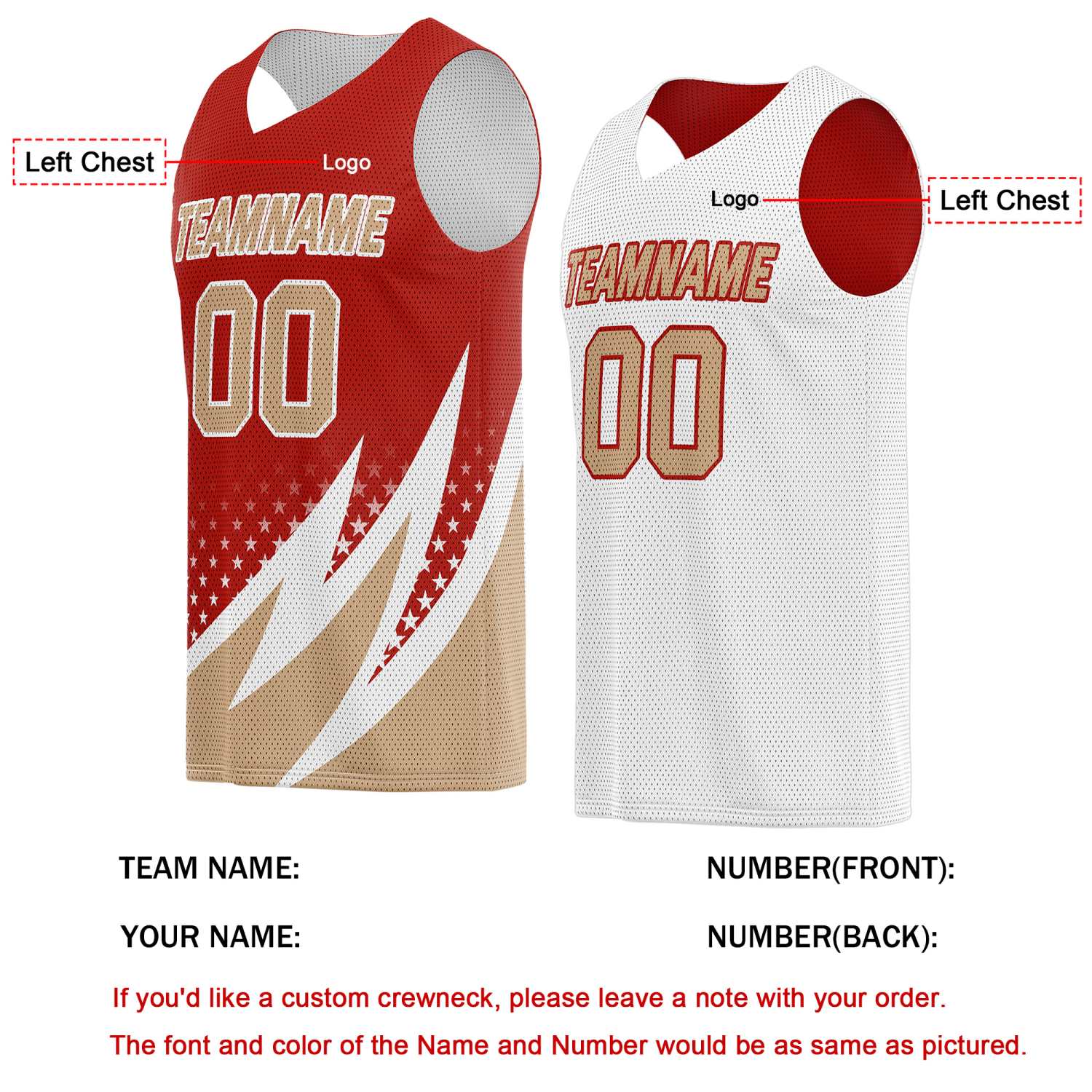 Custom Reversible Basketball Jersey for Individuals & Teams – Red Gold White Star Stripe | Vosoli
