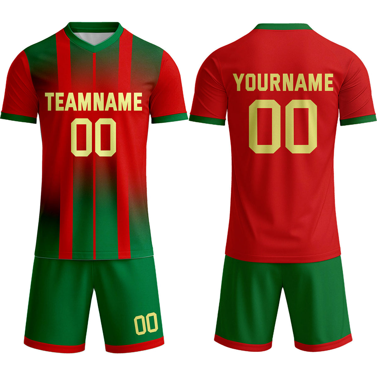 Custom Red &amp; Green with Gold Accent Soccer Uniform Set for Teams &amp; Individuals | Vosoli