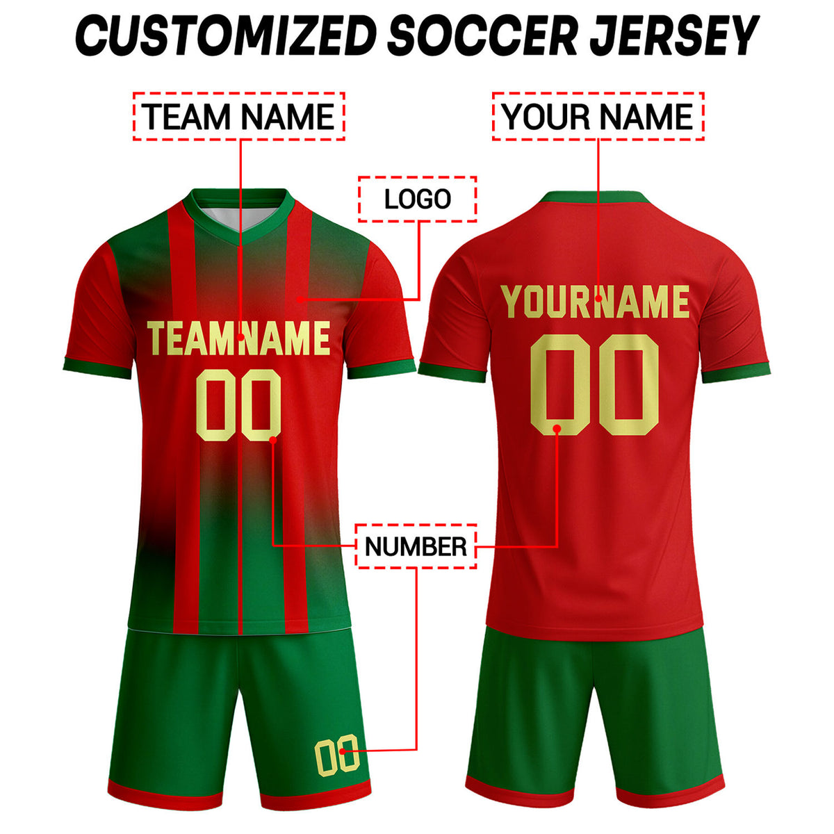 Custom Red & Green with Gold Accent Soccer Uniform Set for Teams & Individuals | Vosoli