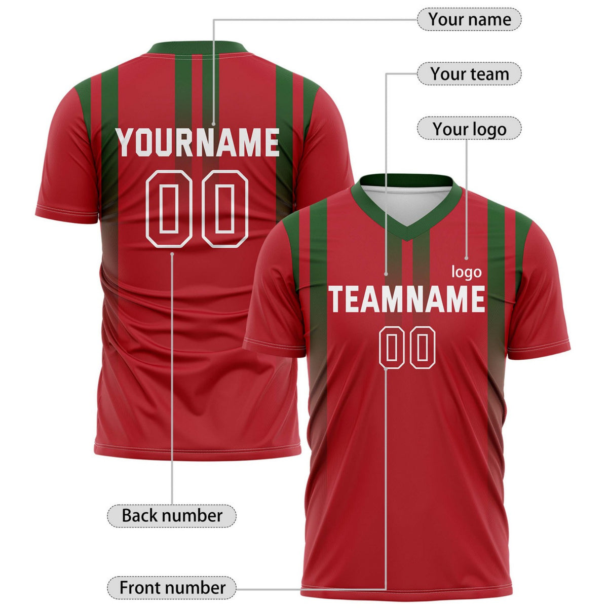 Custom Red & Green Vertical Stripe Soccer Jersey for Teams & Individuals | Vosoli