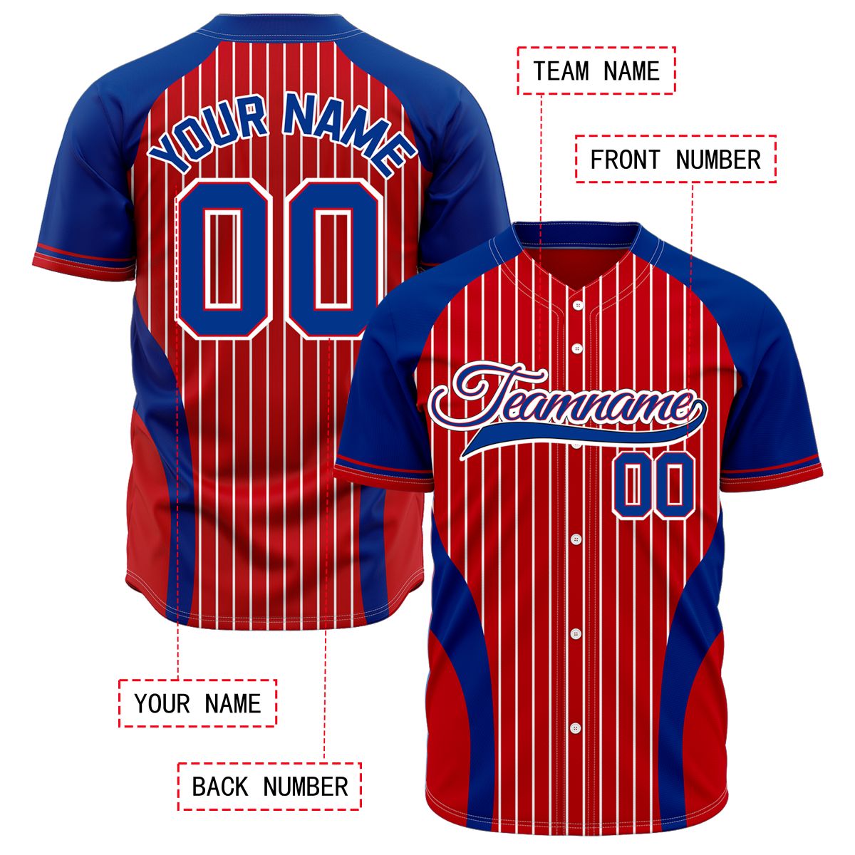 VOSOLI Custom Red & Navy Blue Pinstripe Baseball Jersey - Sublimated Classic Uniform