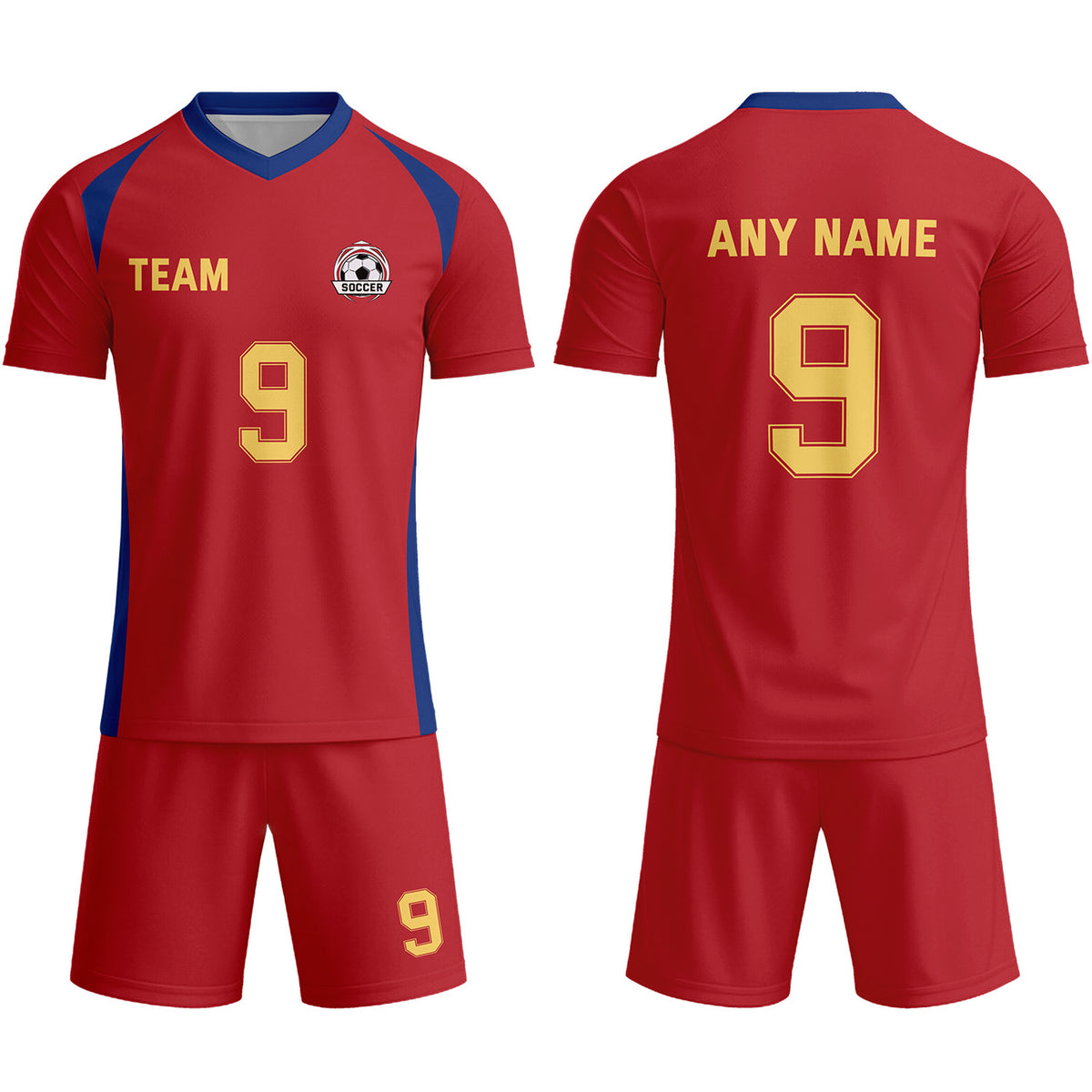 Custom Red &amp; Navy-Gold Soccer Uniform Set - Personalized Team Name &amp; Number | Vosoli