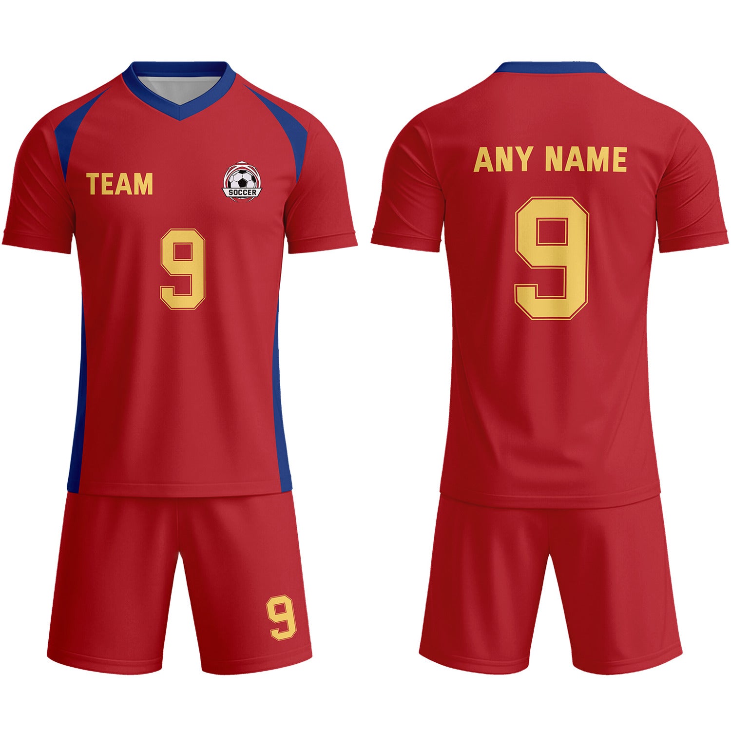 Custom Red & Navy-Gold Soccer Uniform Set - Personalized Team Name & Number | Vosoli