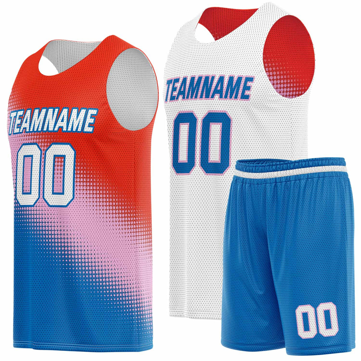 Custom Reversible Basketball Jersey &amp; Shorts Set for Individuals &amp; Teams – Red Pink Blue White Dot Gradient | Vosoli