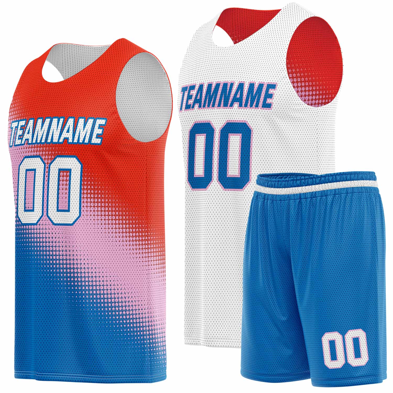 Custom Reversible Basketball Jersey & Shorts Set for Individuals & Teams – Red Pink Blue White Dot Gradient | Vosoli
