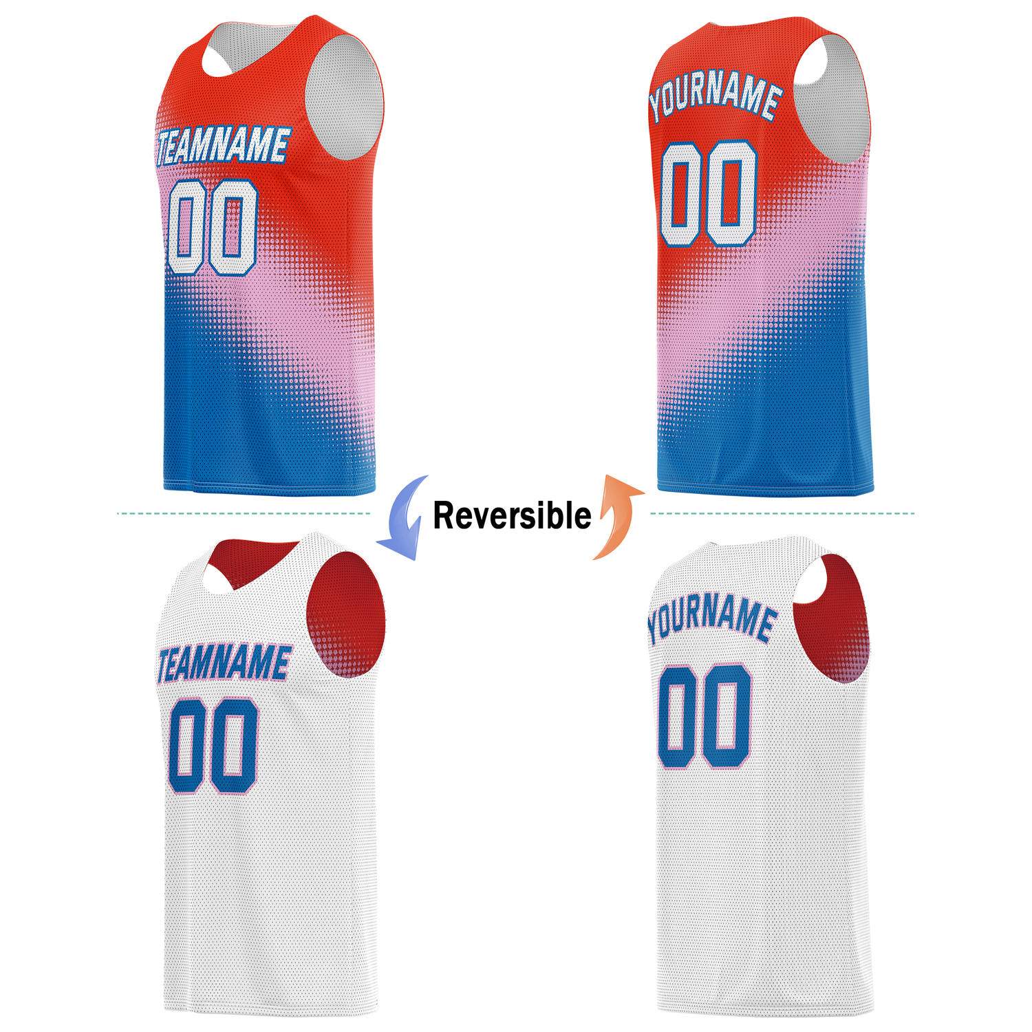 Custom Reversible Basketball Jersey & Shorts Set for Individuals & Teams – Red Pink Blue White Dot Gradient | Vosoli